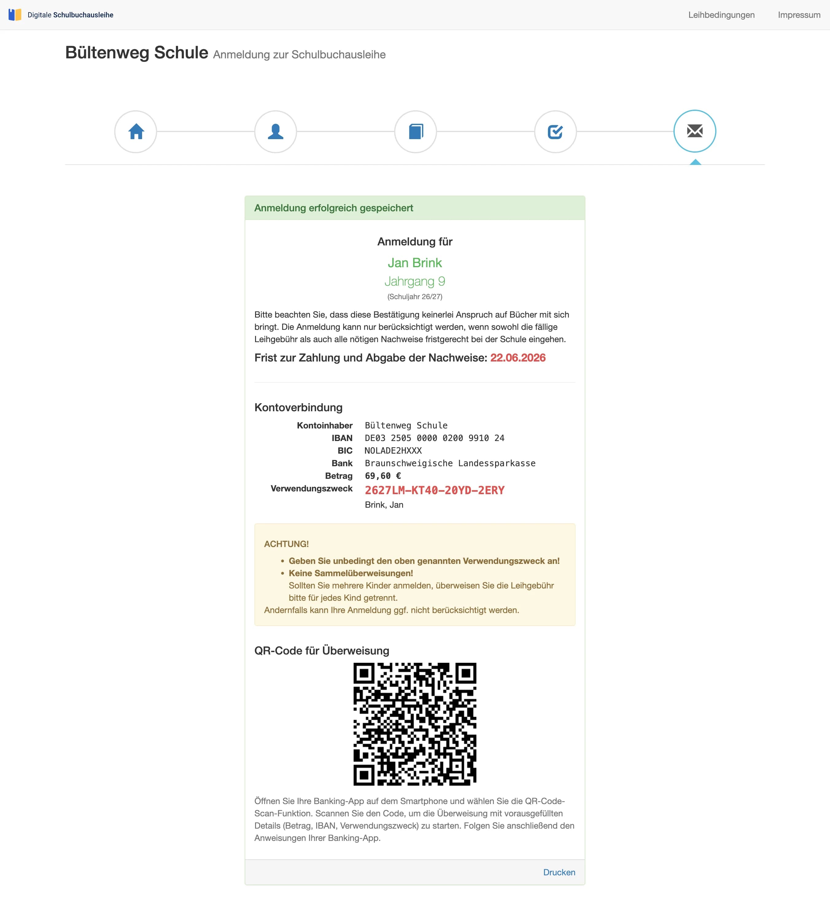 Bestätigungsseite mit Zahlungsinformationen, Überweisungsreferenz und EPC-QR-Code