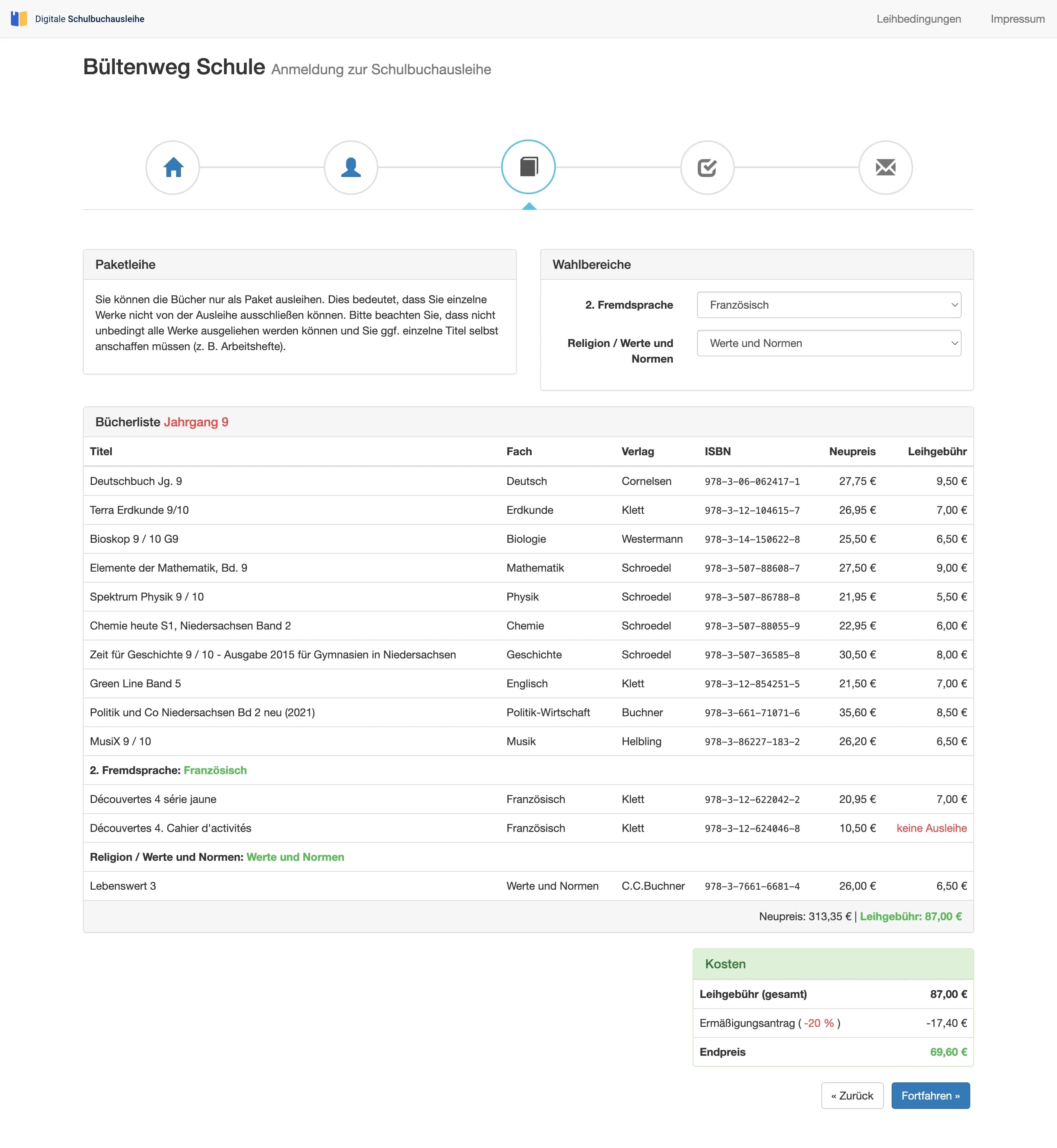 Bücherliste mit Wahlbereichen, Titelliste und Kostenaufstellung inklusive Ermäßigung