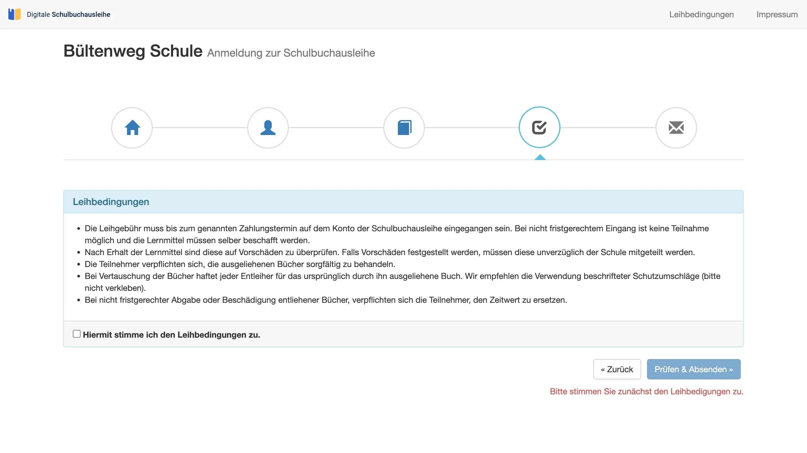 Anzeige der Leihbedingungen mit Zustimmungs-Checkbox