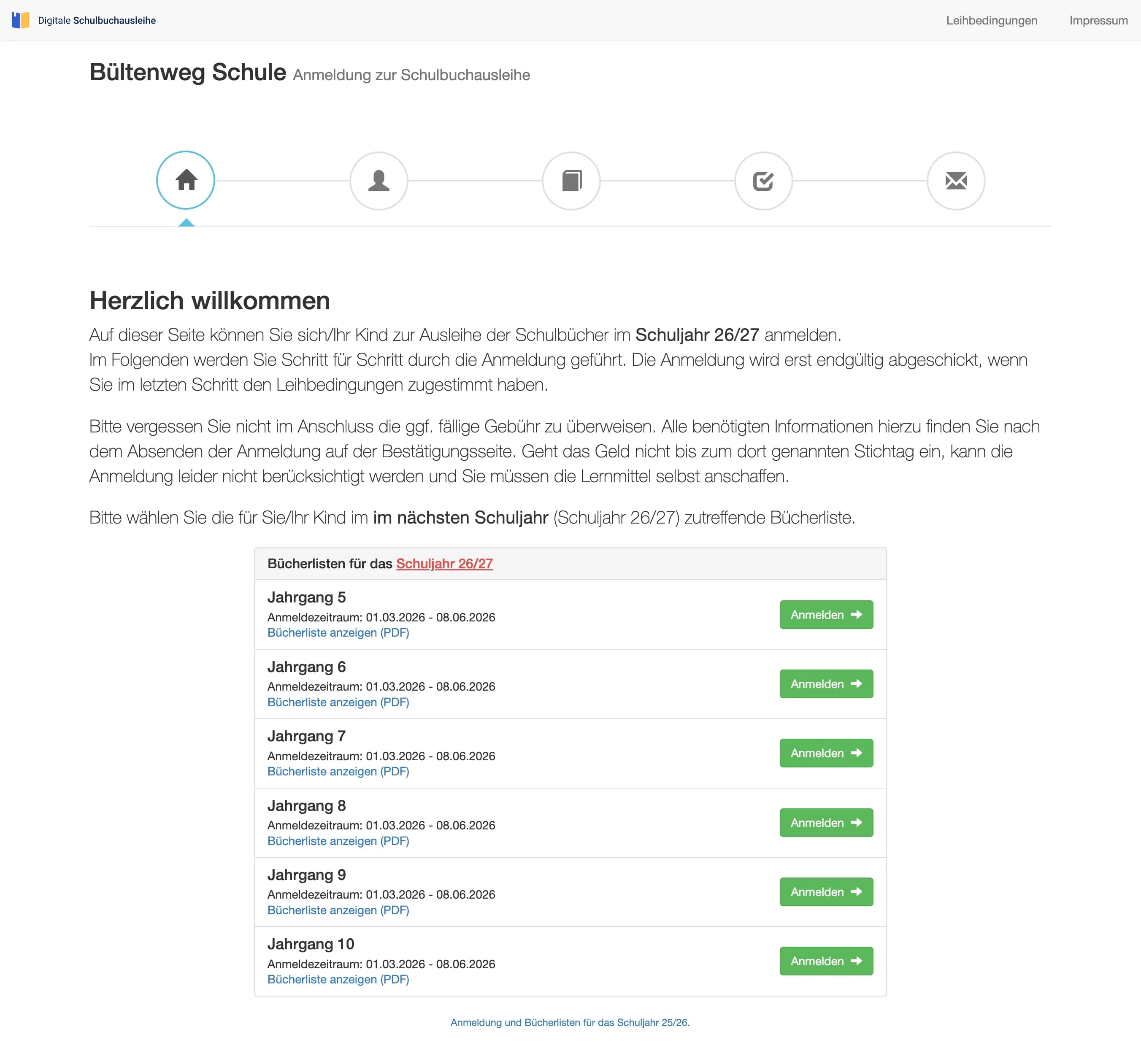 Startseite des Anmeldeportals mit Bücherlisten pro Jahrgang und Anmelde-Buttons