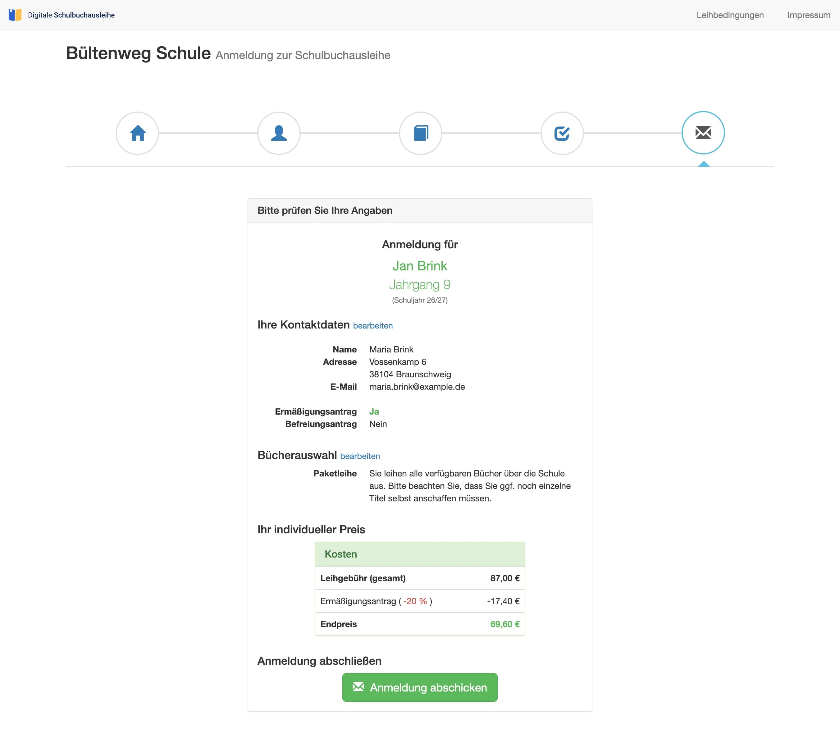 Zusammenfassung der Anmeldung mit Kontaktdaten, Bücherauswahl, Kosten und Absende-Button