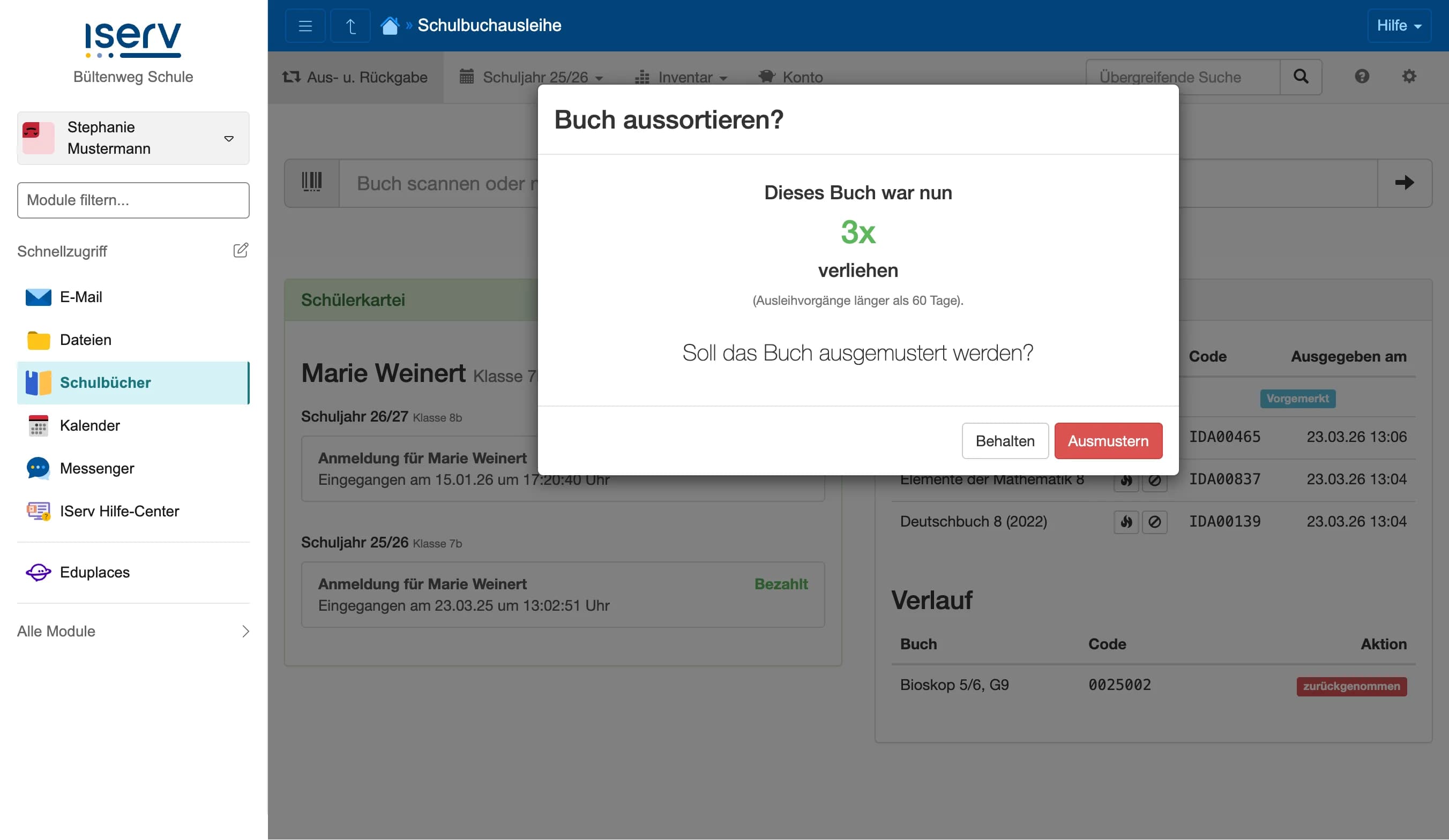 Dialog Buch aussortieren bei der Rücknahme