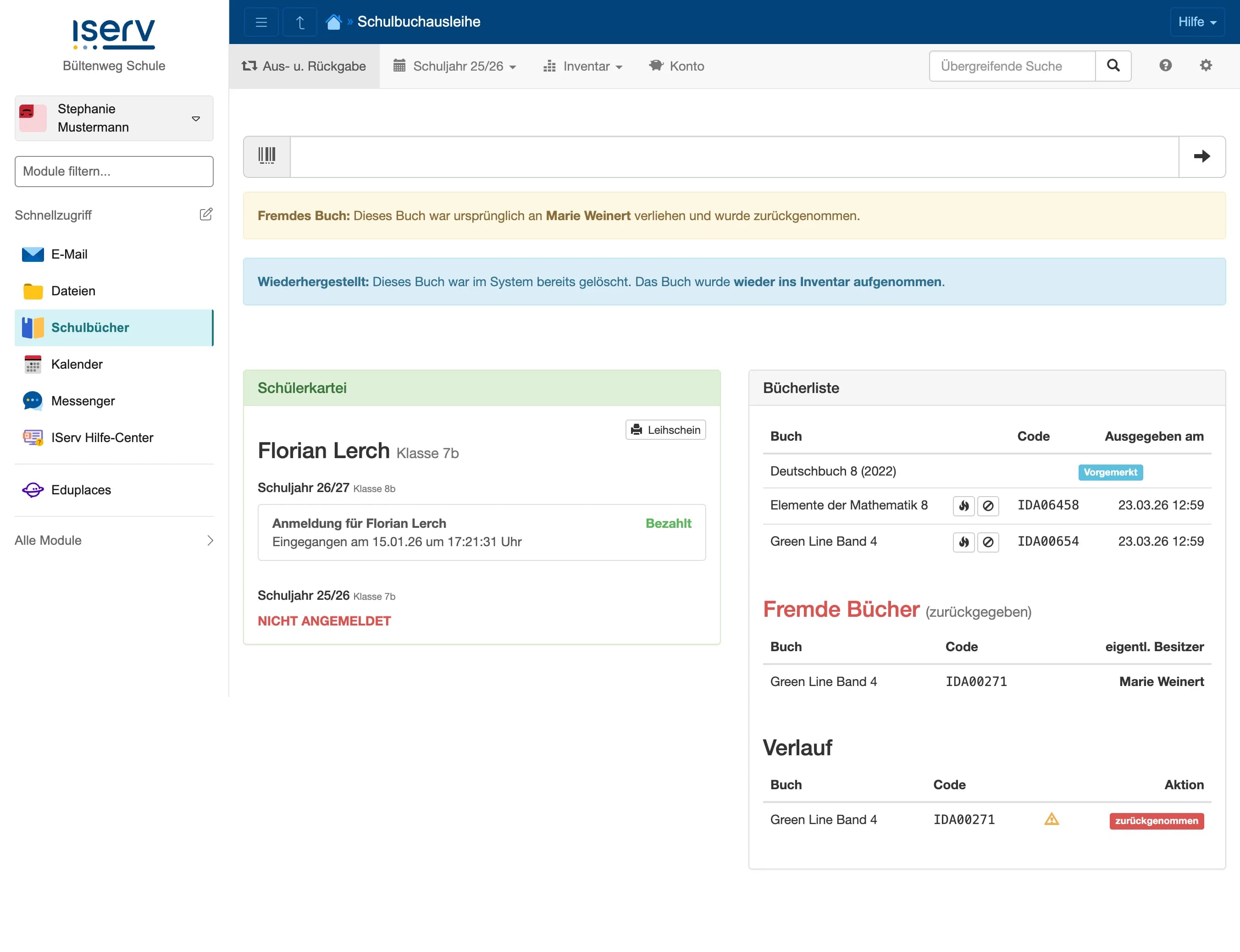 Warnung bei Rücknahme eines fremden Buches