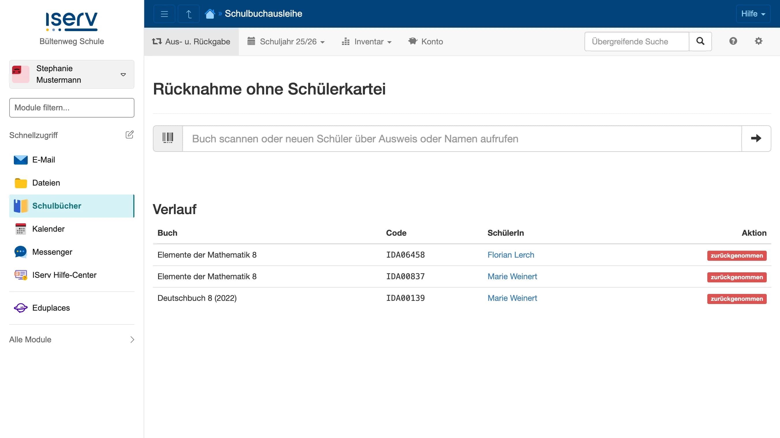 Rücknahme ohne Schülerkartei mit Verlauf