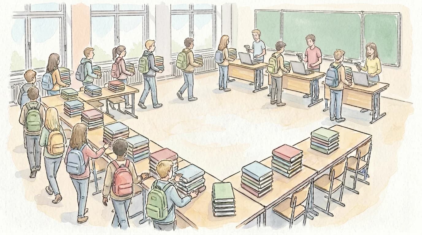 Illustration des Supermarkt-Prinzips: Tische in U-Form mit Buecherstapeln, Schueler:innen nehmen sich Buecher, am Ende scannen Helfer:innen an Kassenstationen