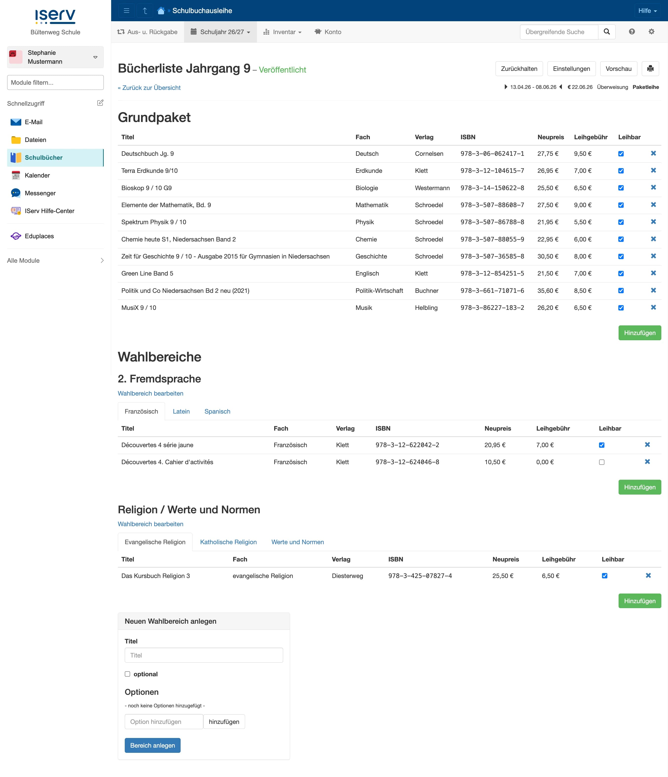 Detailansicht einer Bücherliste mit Grundpaket, Wahlbereichen und Formular zum Anlegen neuer Wahlbereiche