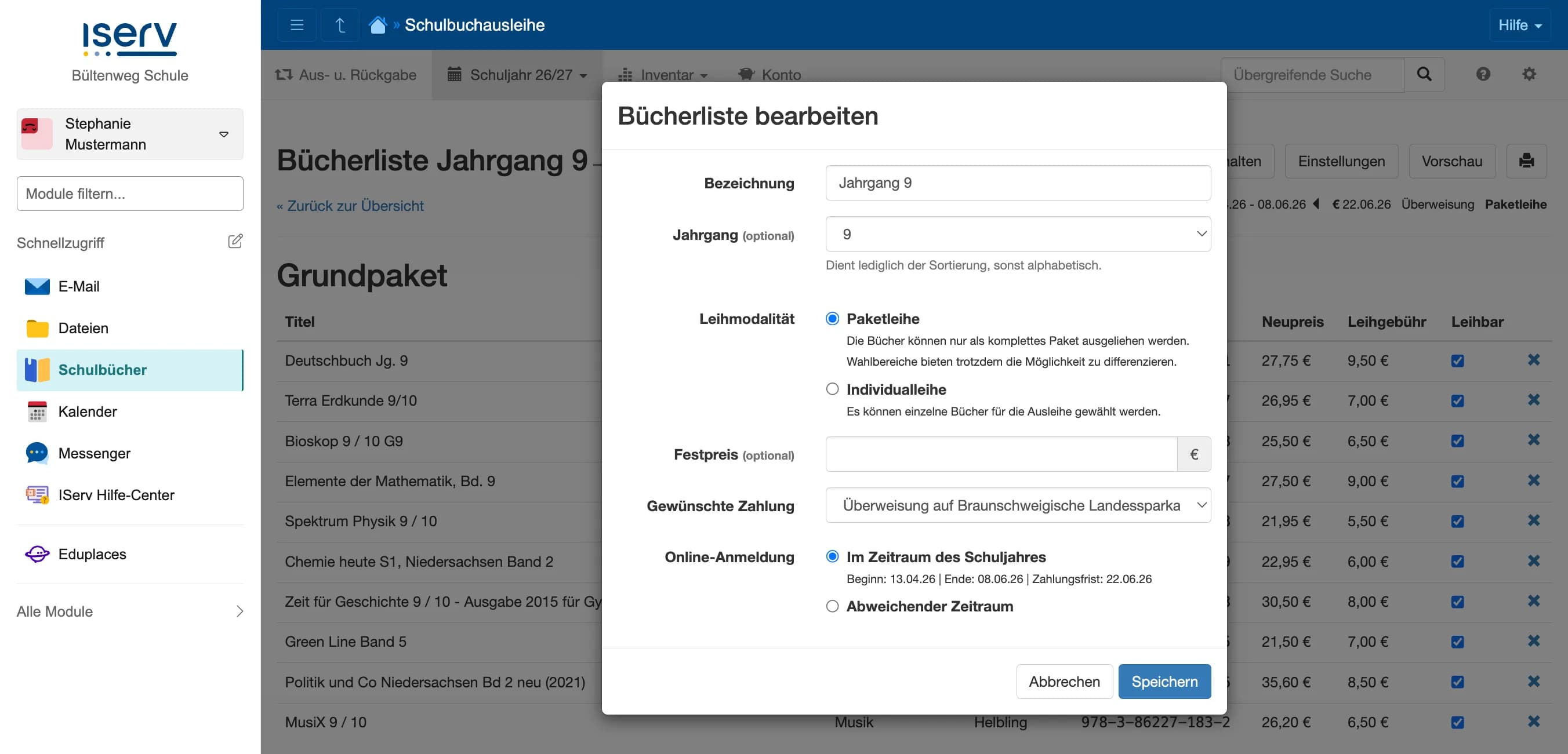 Dialog zum Bearbeiten einer Bücherliste mit Bezeichnung, Jahrgang, Leihmodalität, Festpreis, Zahlung und Anmeldezeitraum