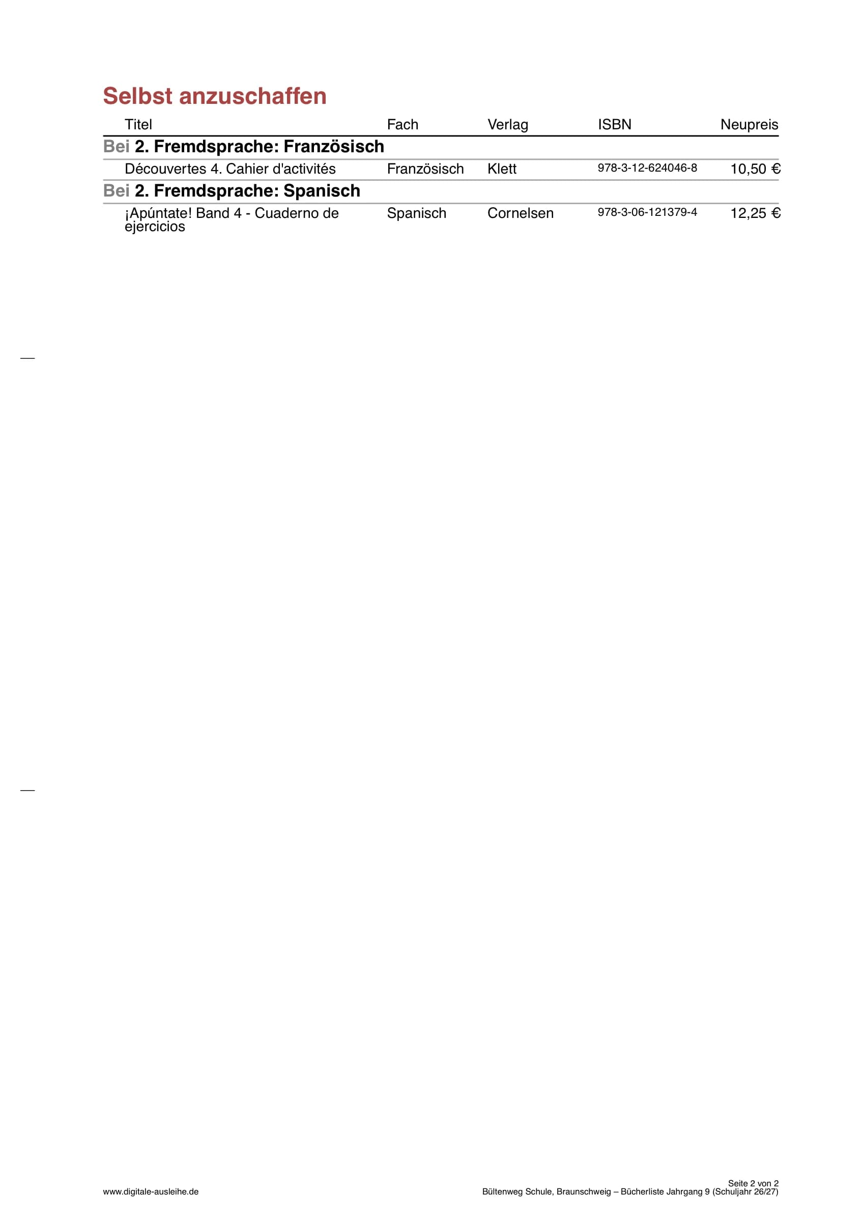 Beispiel einer Bücherliste als PDF (Seite 2) mit Selbstkauf-Titeln