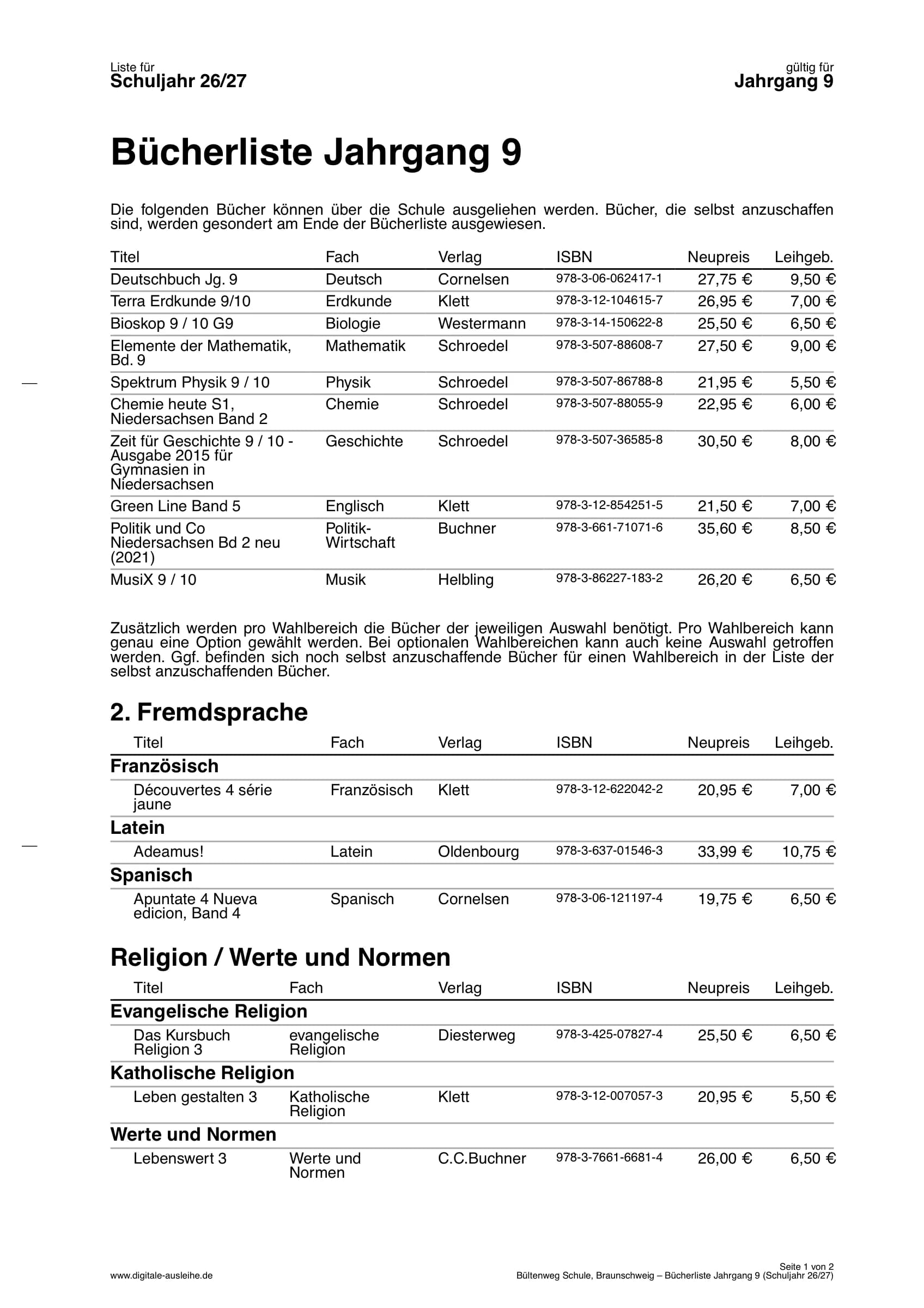 Beispiel einer Bücherliste als PDF (Seite 1) mit Grundpaket und Wahlbereichen