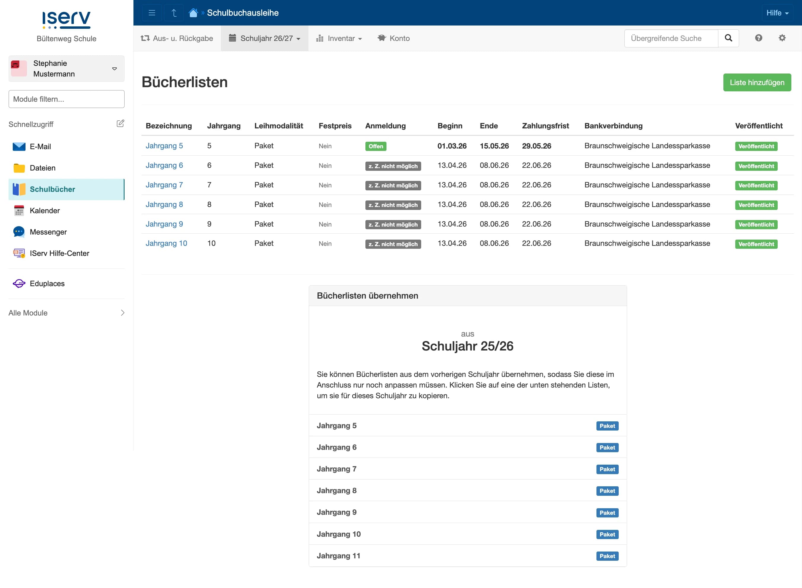 Bücherlisten-Übersicht mit Konfiguration, Anmeldestatus und Funktion zum Übernehmen aus dem Vorjahr