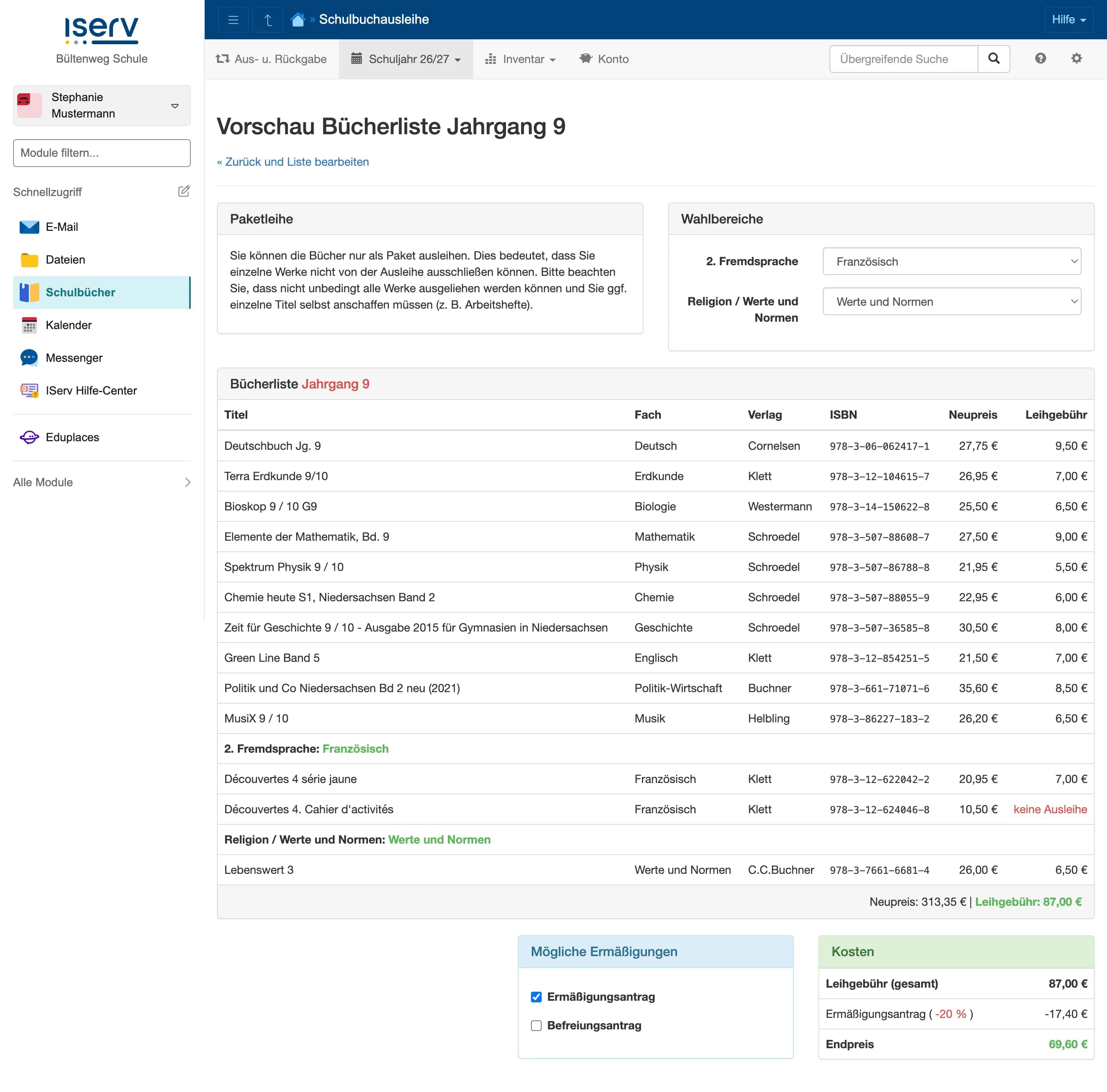 Vorschau einer Bücherliste mit Wahlbereichen, Kostenübersicht und Ermäßigungsoptionen