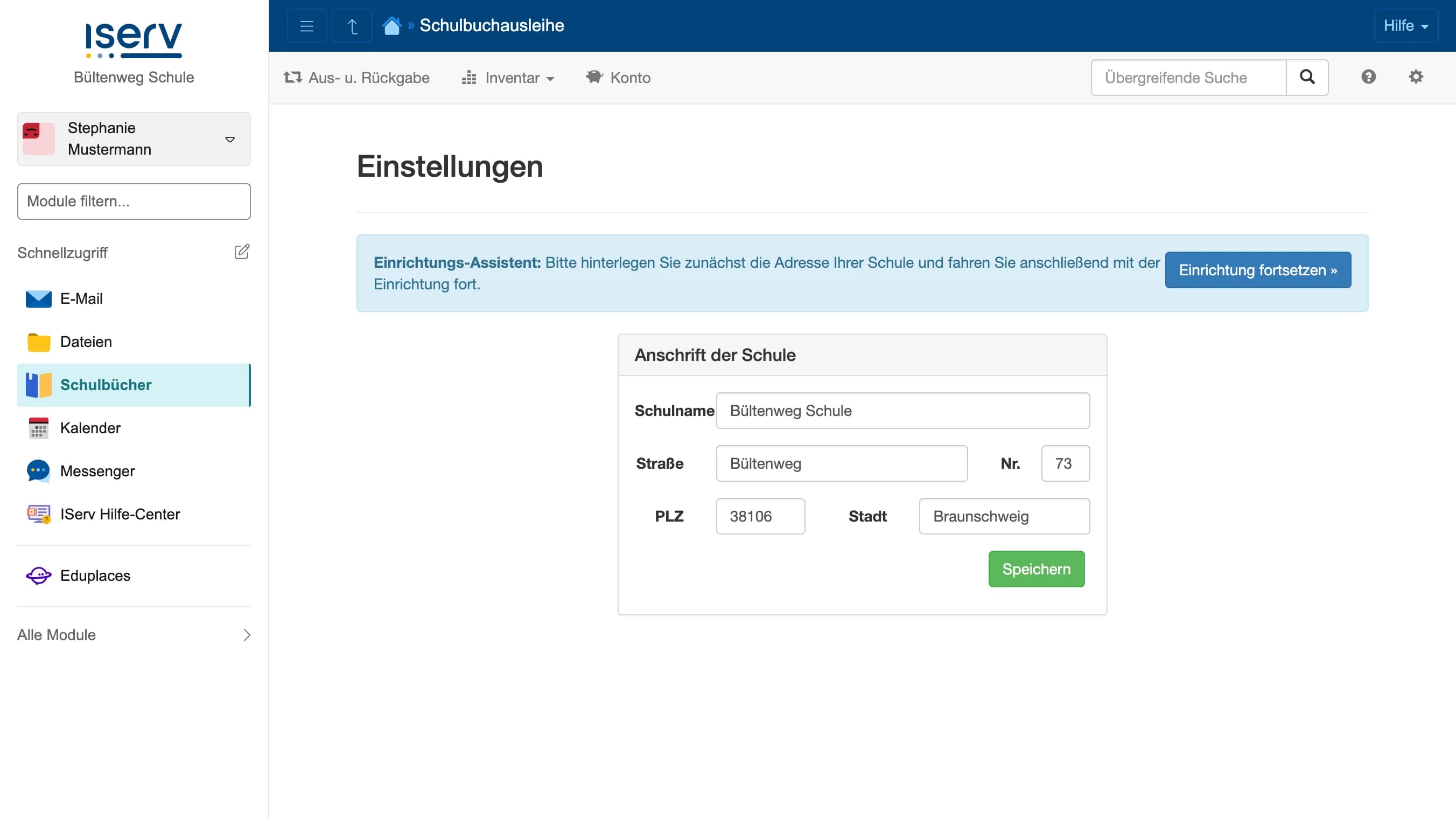 Einrichtungs-Assistent: Anschrift der Schule hinterlegen