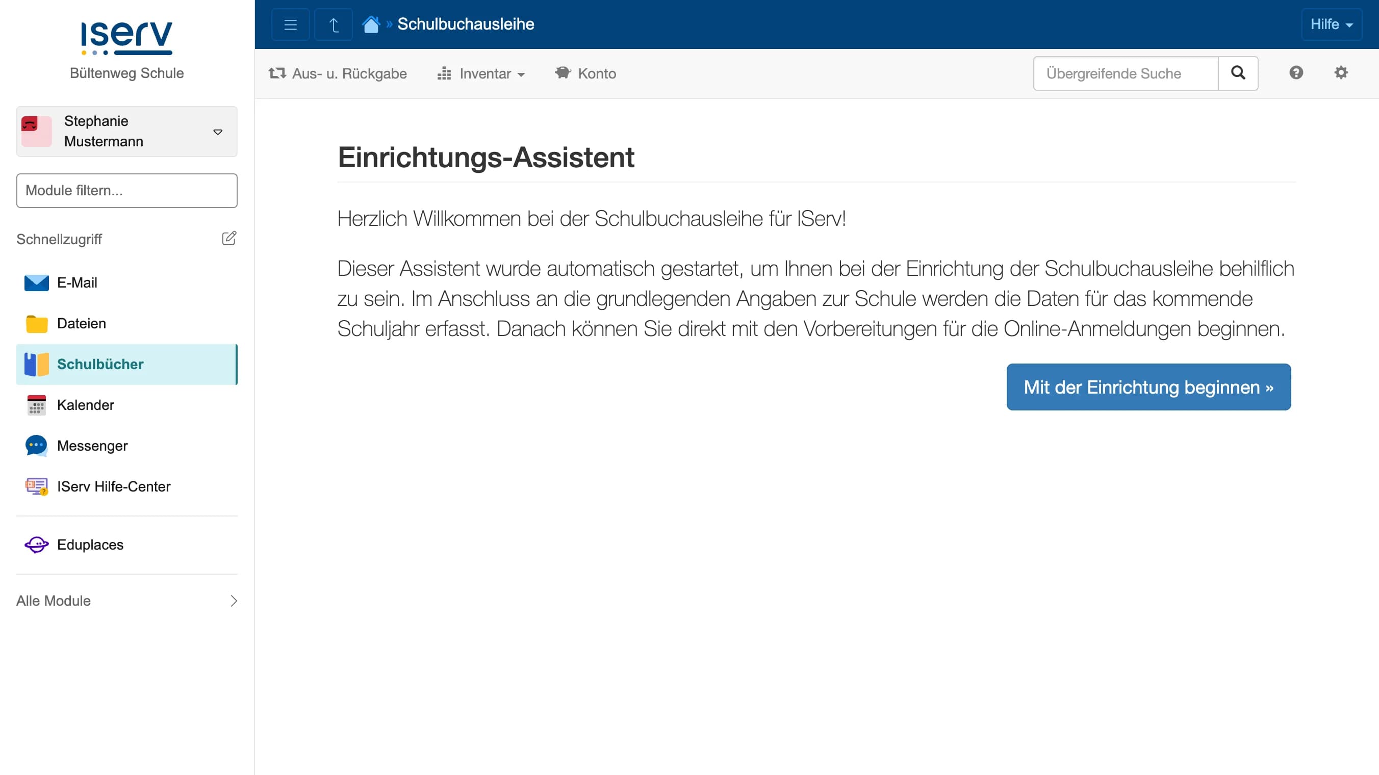 Startseite des Einrichtungs-Assistenten der Schulbuchausleihe