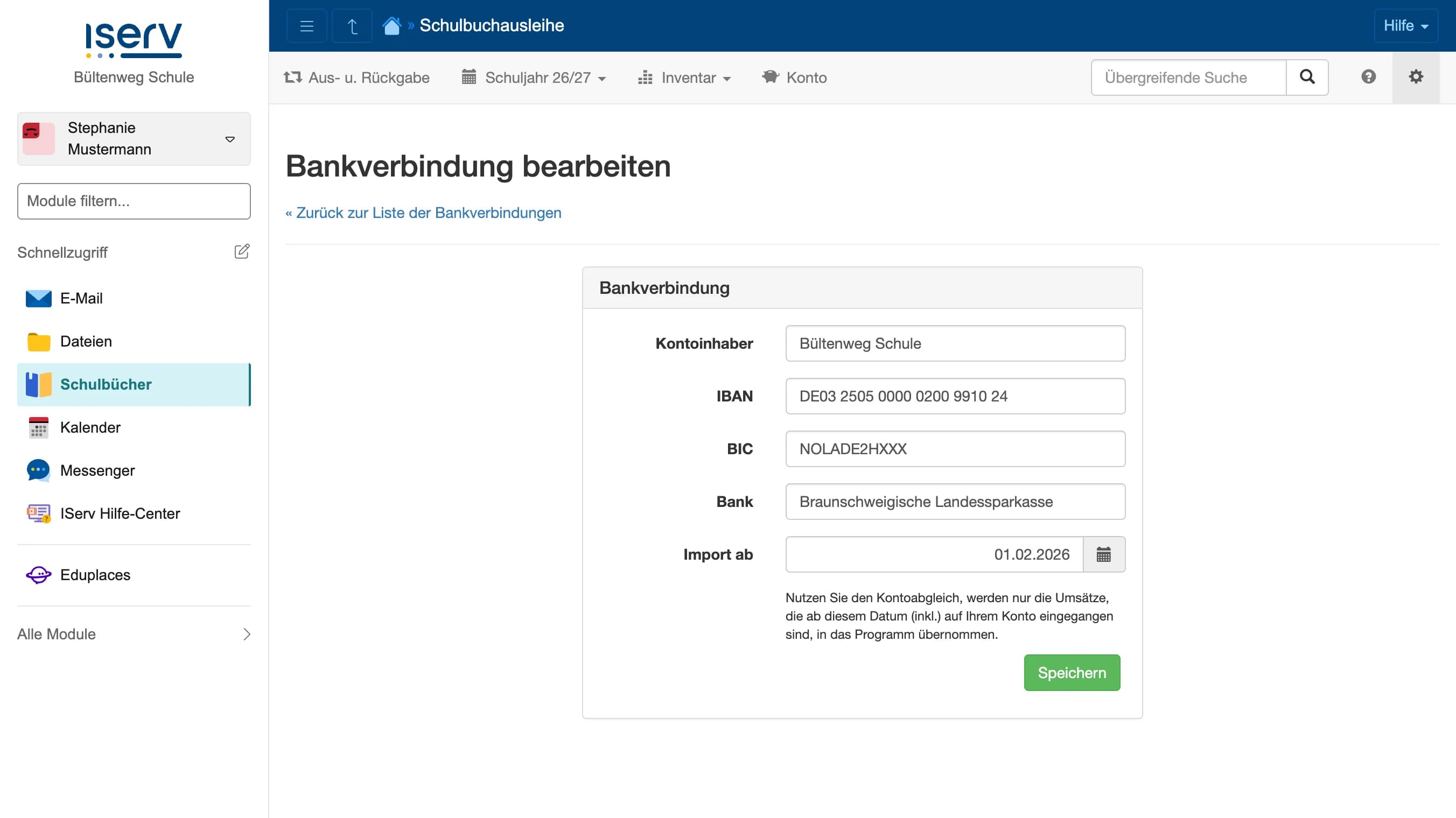Formular: Bankverbindung bearbeiten mit Feldern Kontoinhaber, IBAN, BIC, Bank und Import ab