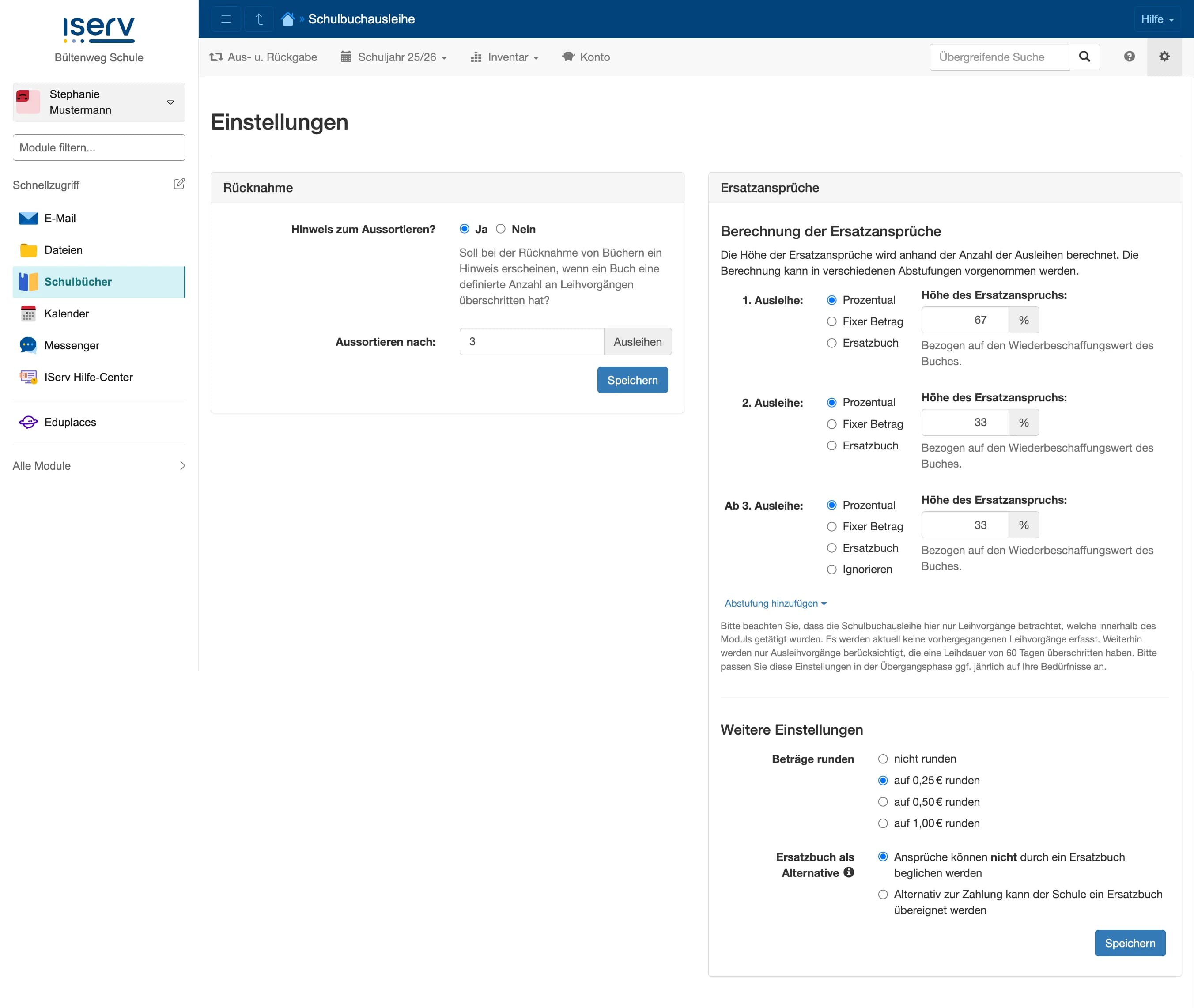 Allgemeine Einstellungen: Rücknahme (Aussortierungsfrage) und Ersatzansprüche (Bewertungskonfiguration)