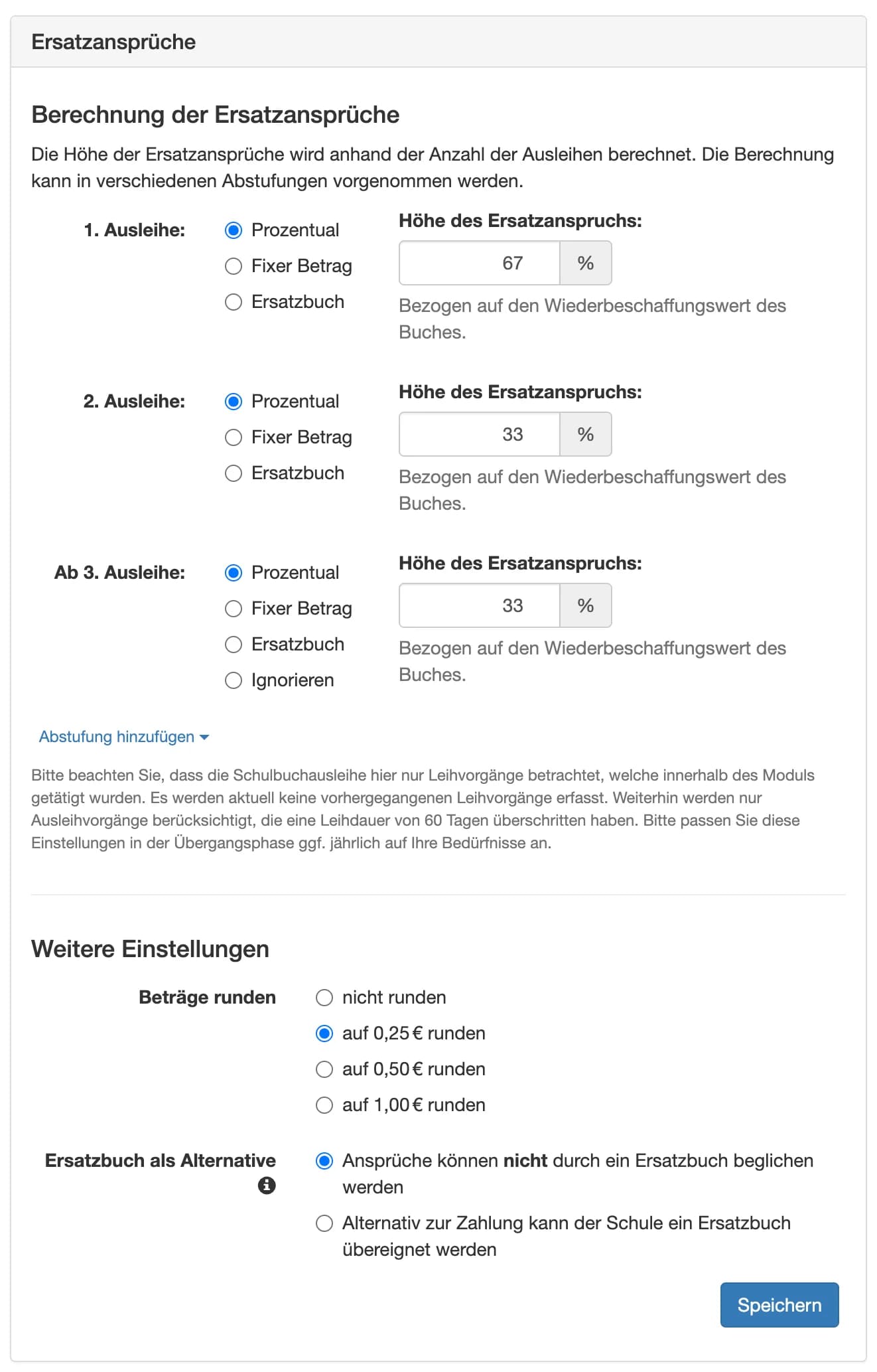 Einstellungen Ersatzansprüche: Bewertungskonfiguration mit Abstufungen, Rundung und Ersatzbuch-Option