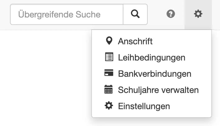 Einstellungs-Menü mit den Punkten Anschrift, Leihbedingungen, Bankverbindungen, Schuljahre verwalten und Einstellungen