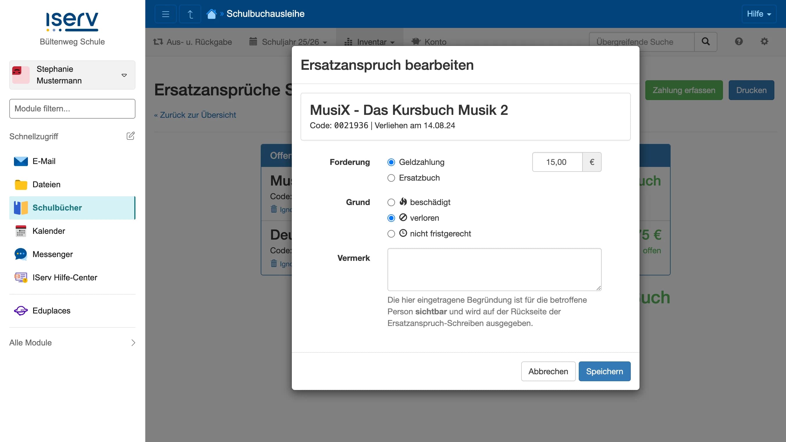 Dialog Ersatzanspruch bearbeiten mit Forderungsart, Grund und Vermerk