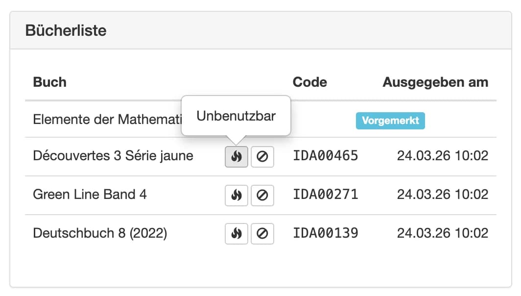 Tooltip Unbenutzbar auf dem Beschaedigt-Button in der Buecherliste