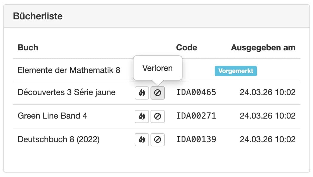 Tooltip Verloren auf dem Verloren-Button in der Buecherliste