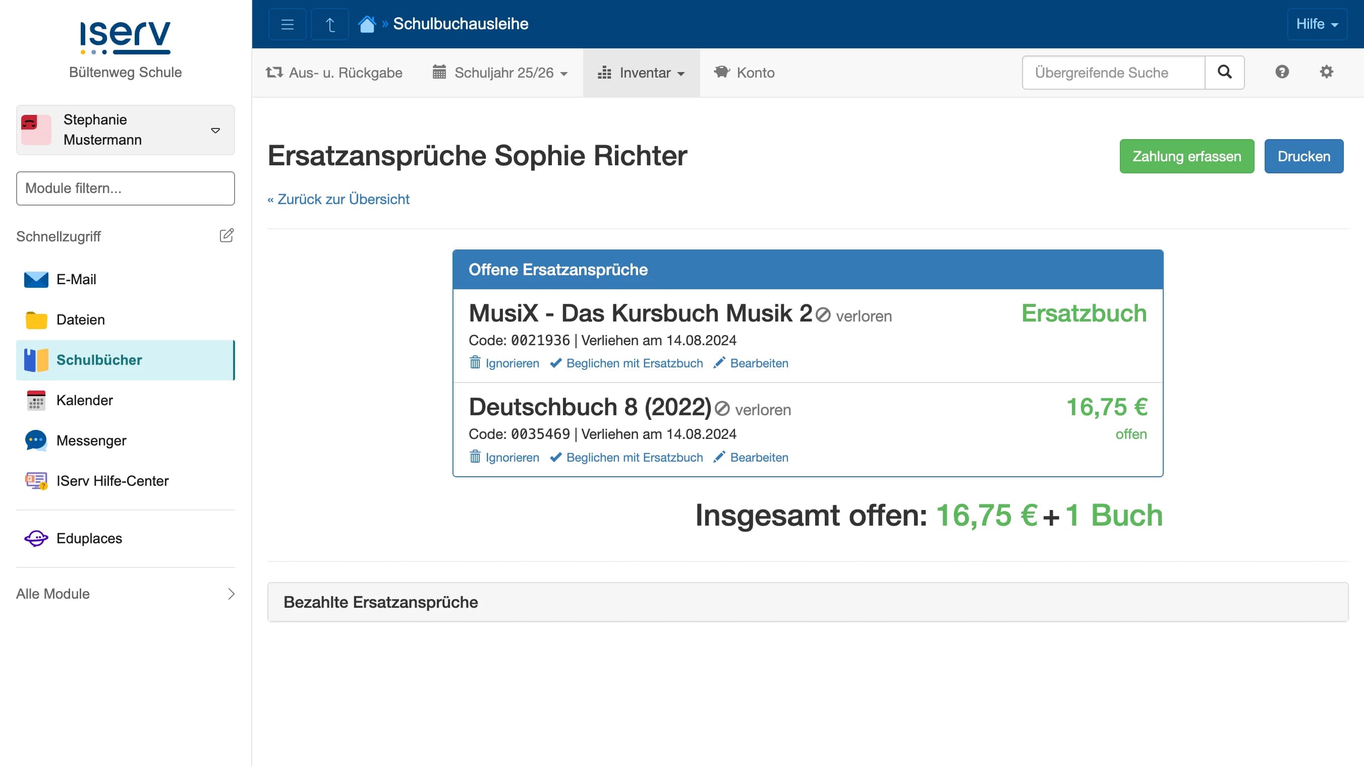 Detailseite der Ersatzansprüche einer Schülerin mit offenen Forderungen und Aktionen