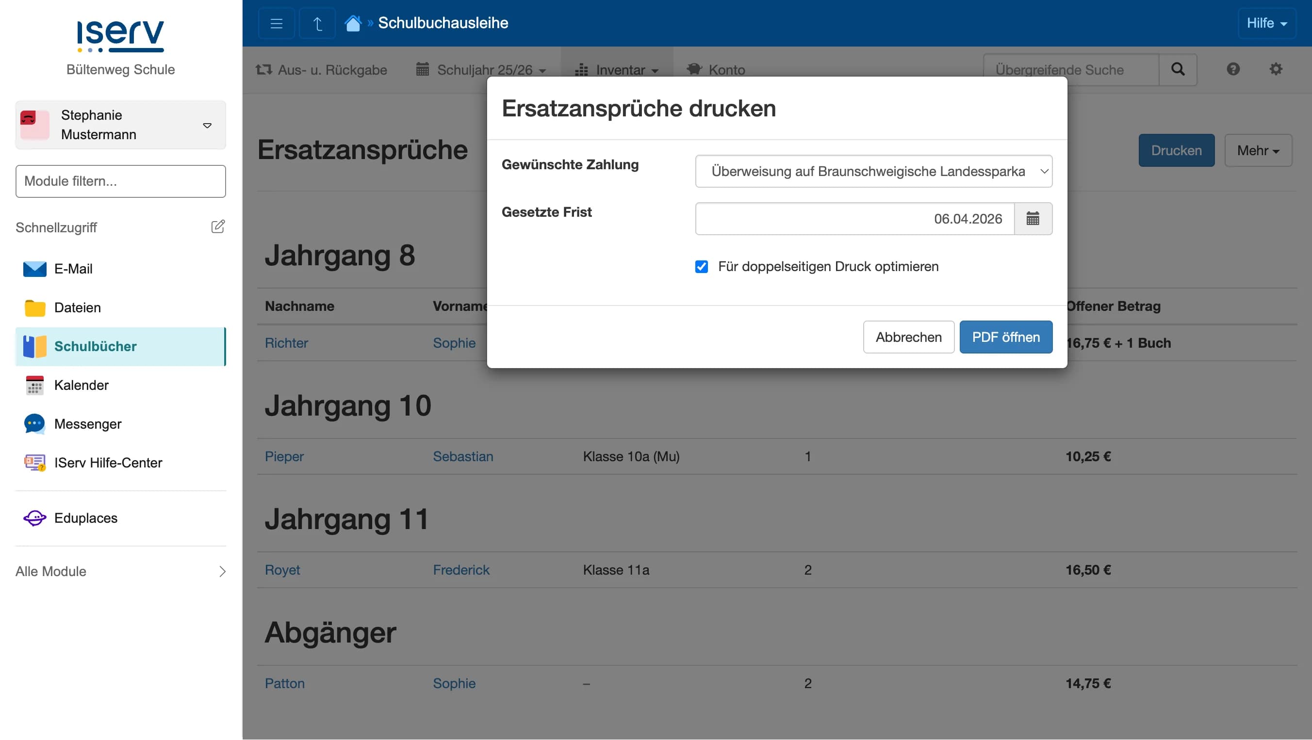 Dialog zum Drucken von Ersatzanspruch-Schreiben mit Zahlungsart, Frist und Druckoptionen