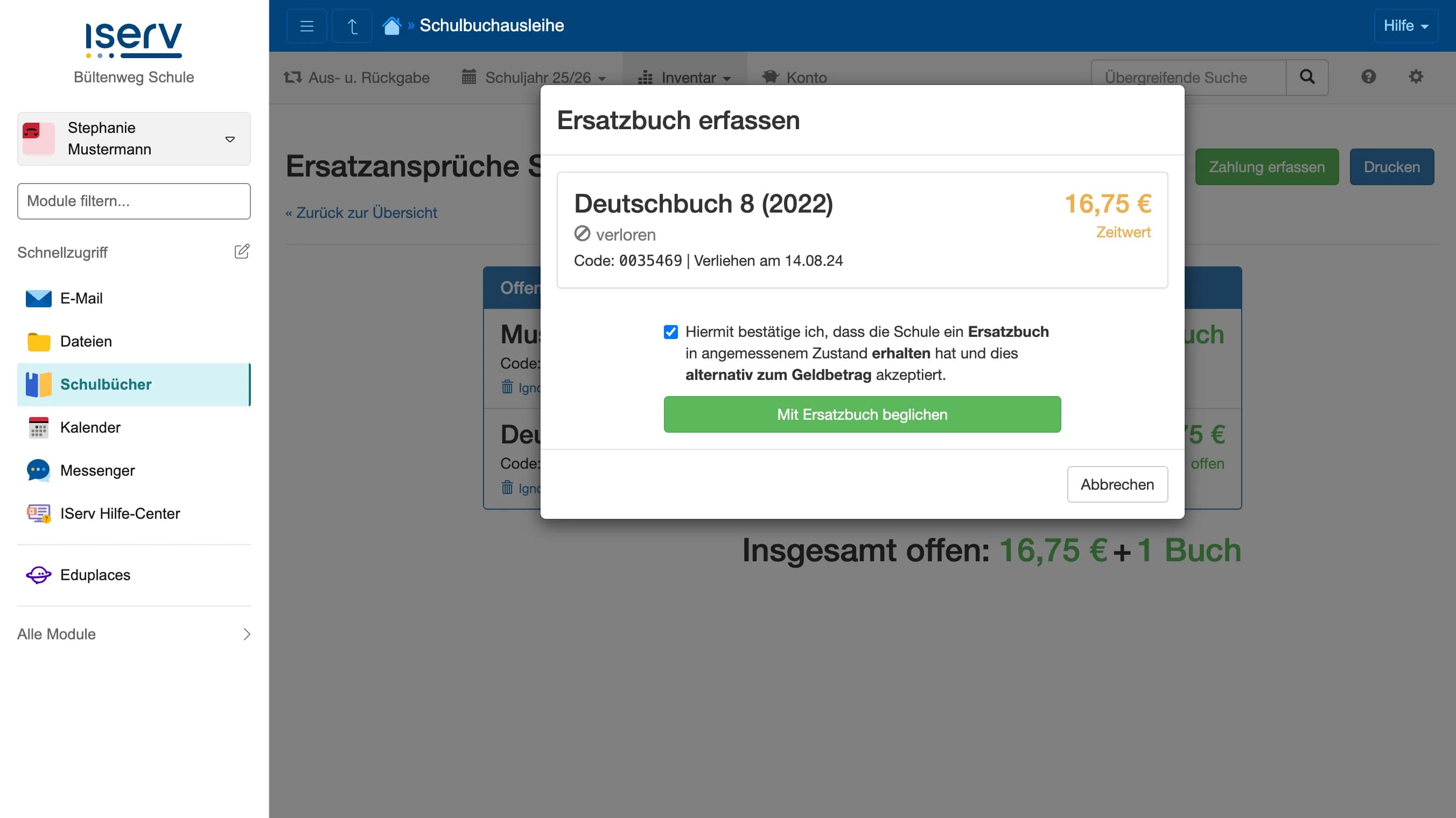 Dialog Ersatzbuch erfassen bei einer Geldforderung mit Hinweis alternativ zum Geldbetrag
