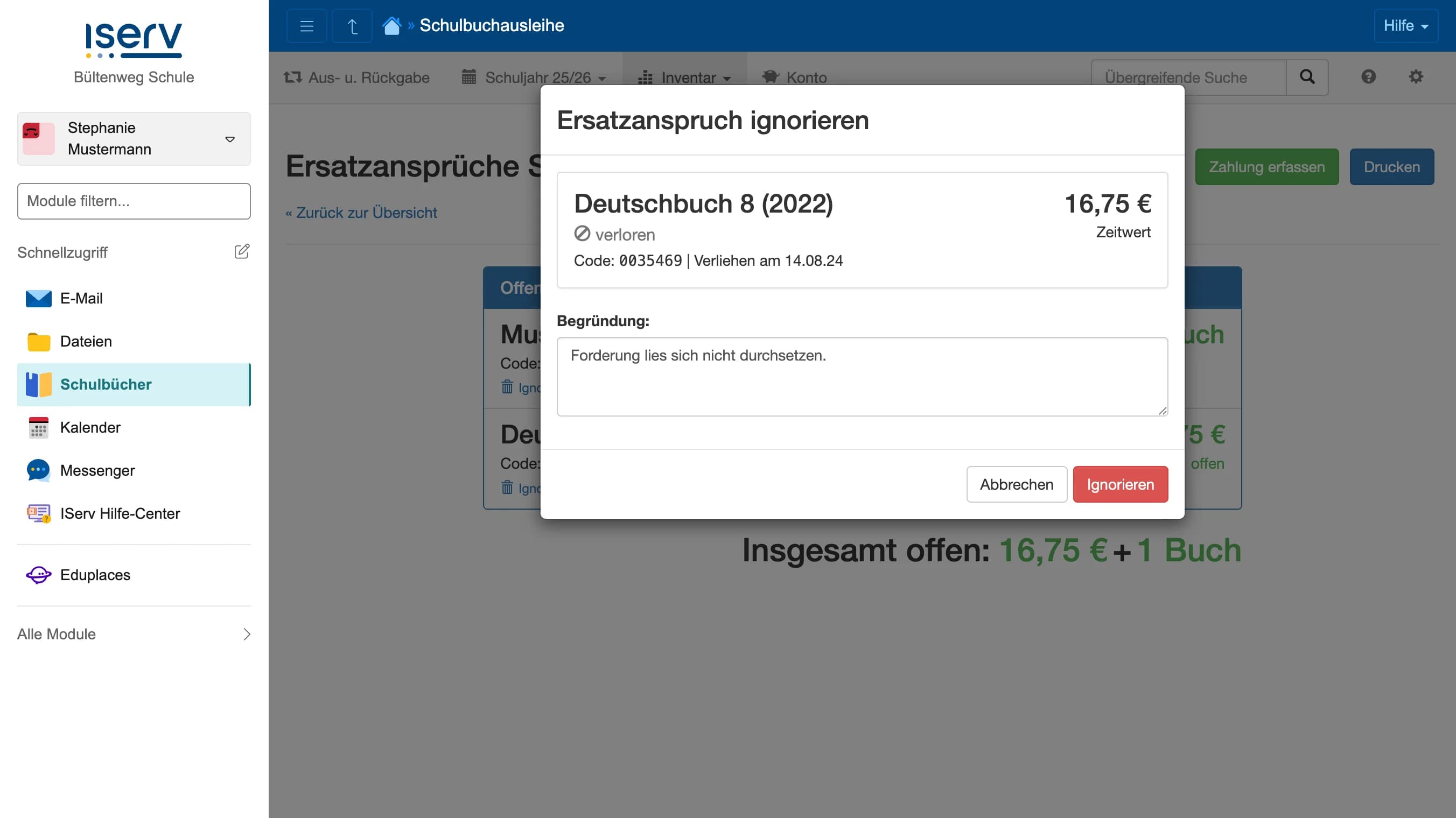 Dialog Ersatzanspruch ignorieren mit Begründungsfeld