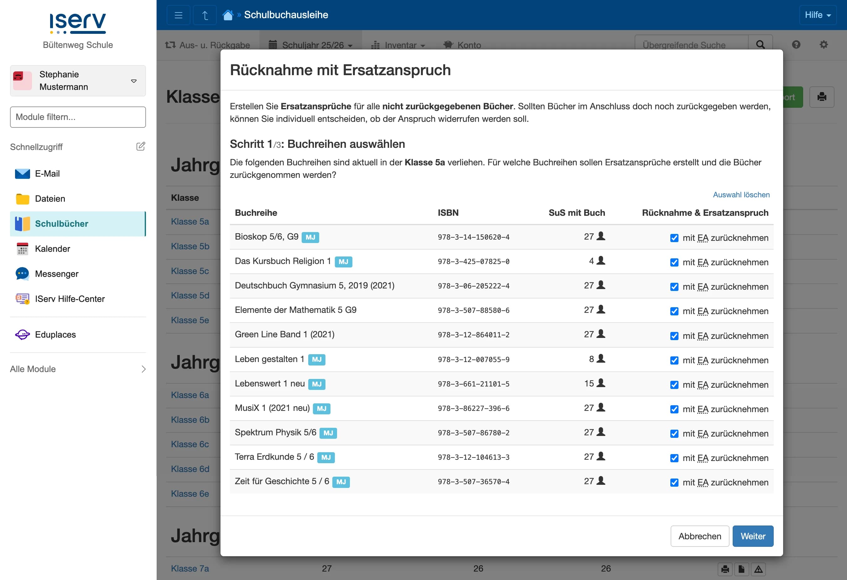 Klassenweise Ersatzansprüche Schritt 1: Buchtitel auswählen mit Mehrjahresbände-Kennzeichnung