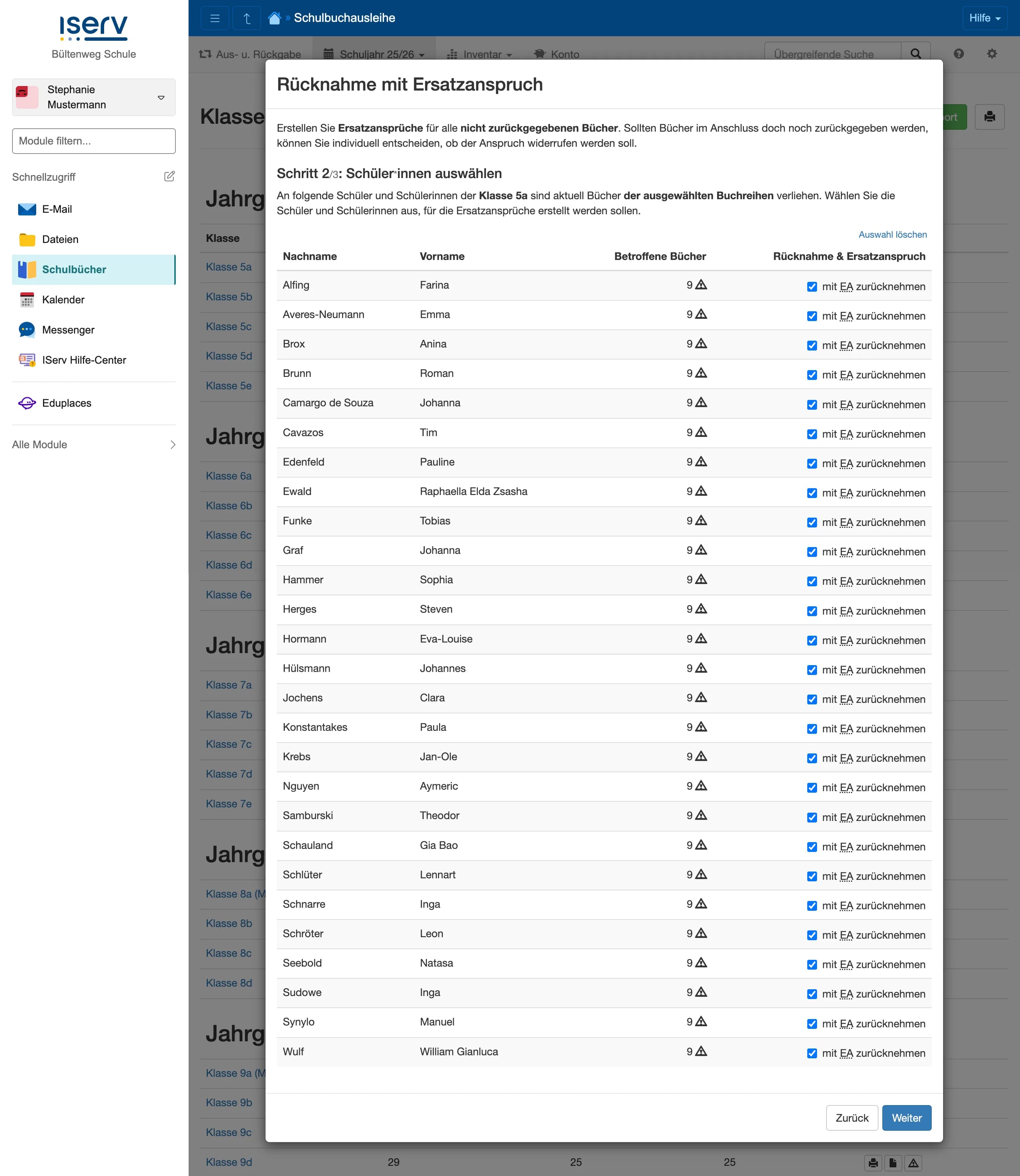 Klassenweise Ersatzansprüche Schritt 2: Schüler:innen auswählen