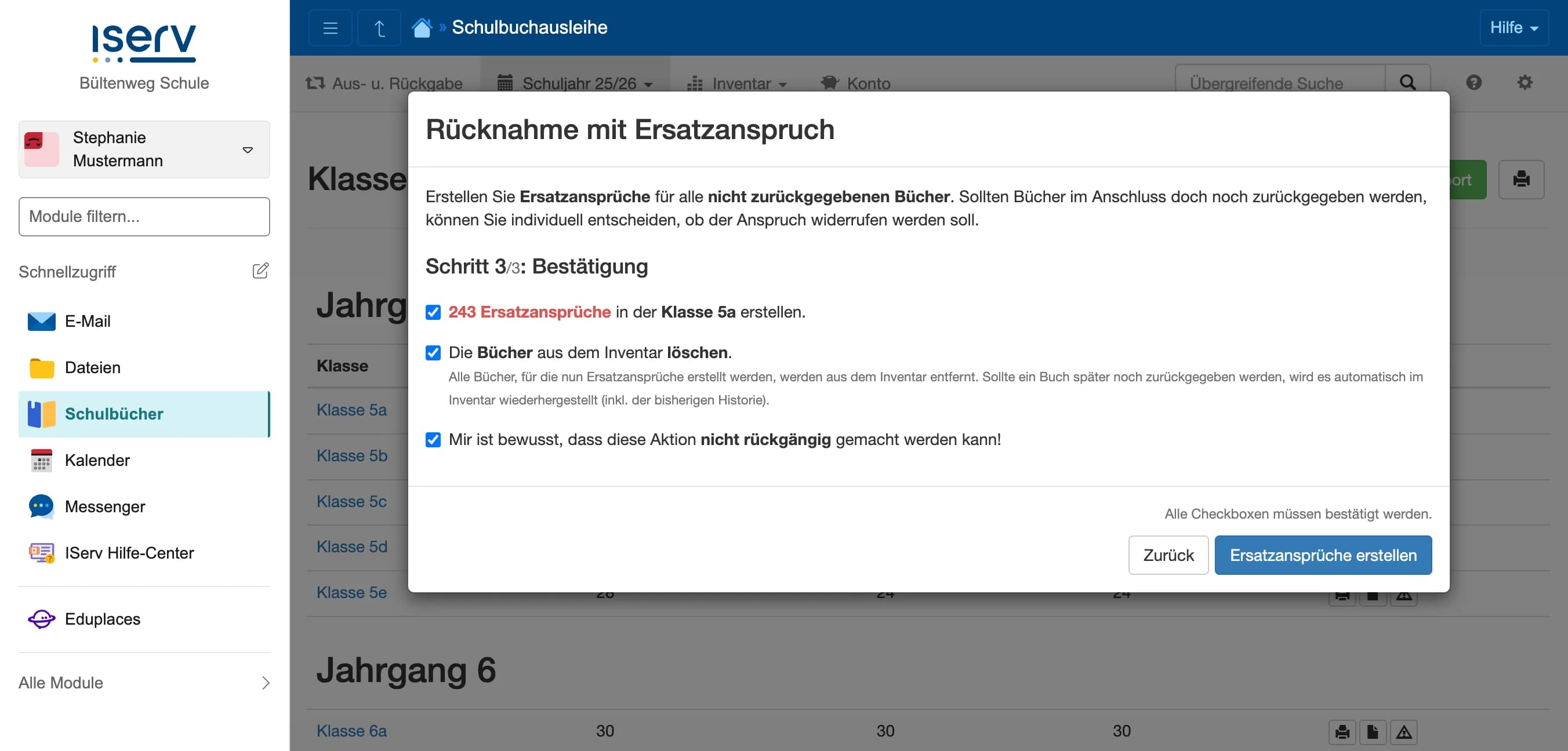 Klassenweise Ersatzansprüche Schritt 3: Bestätigung mit geschätzter Anzahl