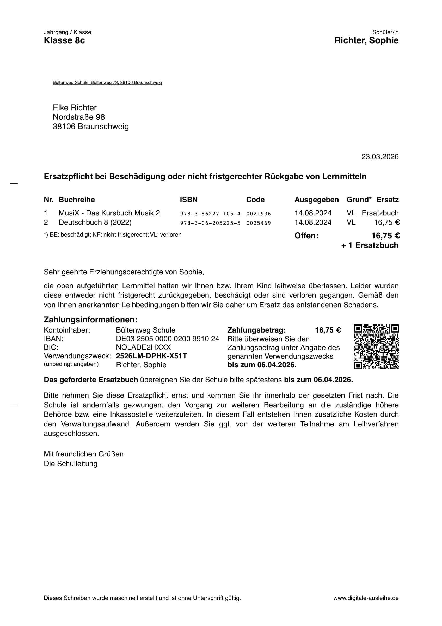 Beispiel eines Ersatzanspruch-Schreibens mit Tabelle, Zahlungsinformationen und EPC-QR-Code