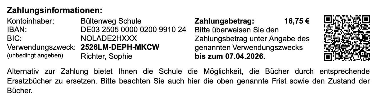 Ausschnitt eines Ersatzanspruch-Schreibens mit Zahlungsinformationen, EPC-QR-Code und Ersatzbuch-Hinweis