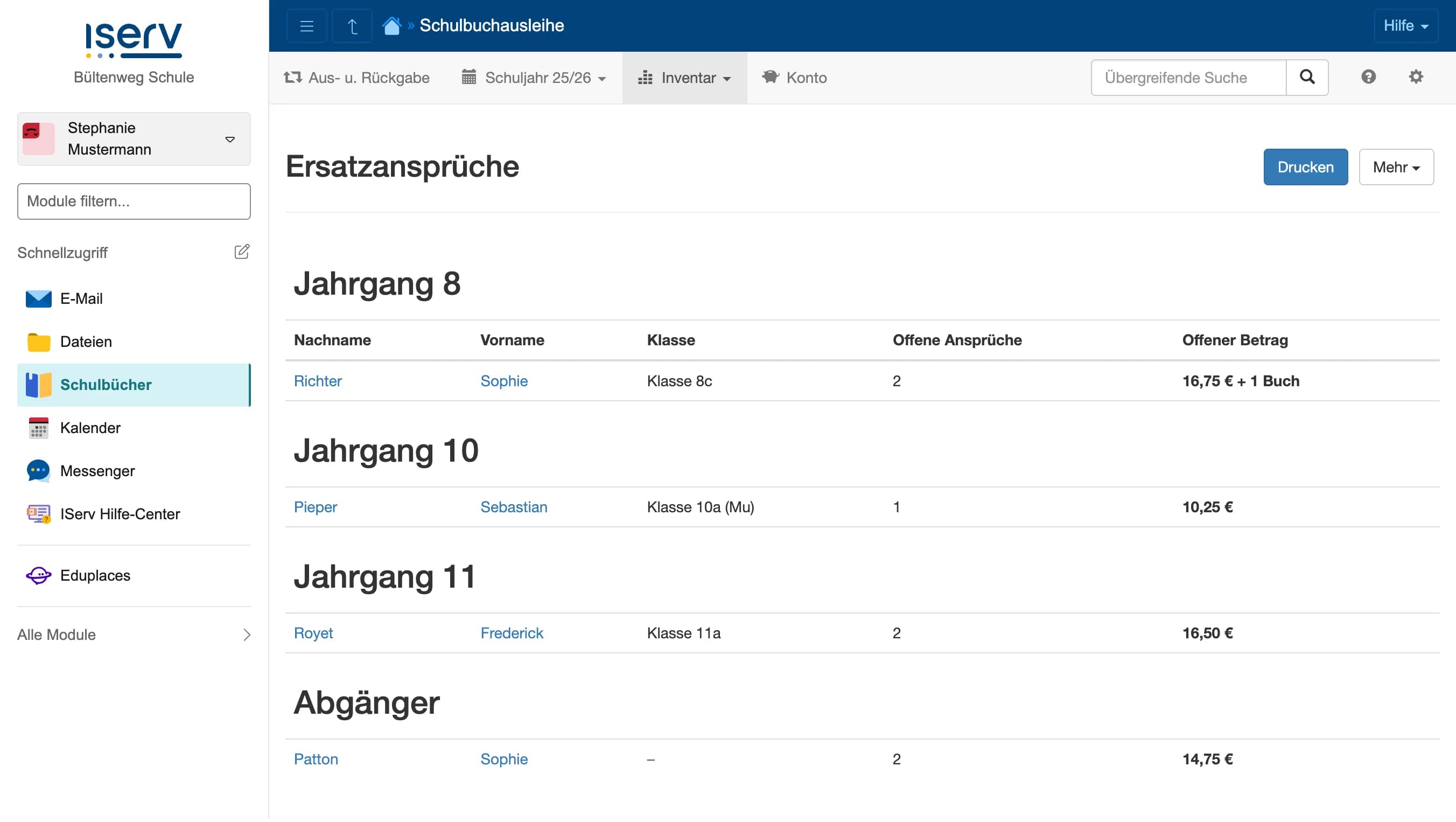 Übersicht aller offenen Ersatzansprüche gruppiert nach Jahrgängen