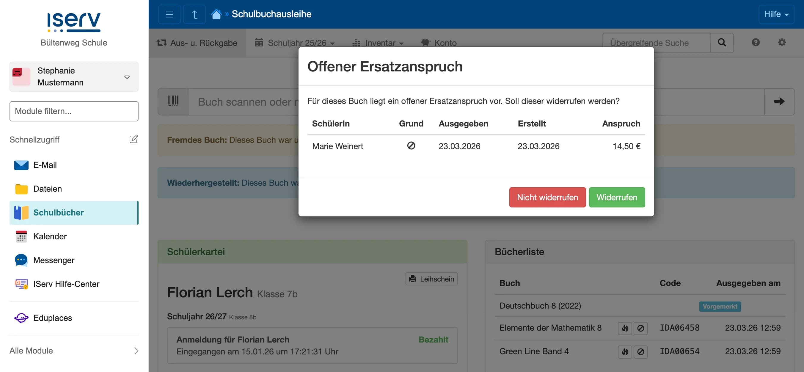 Dialog Offener Ersatzanspruch bei der Rücknahme eines Buches mit Optionen Widerrufen und Nicht widerrufen