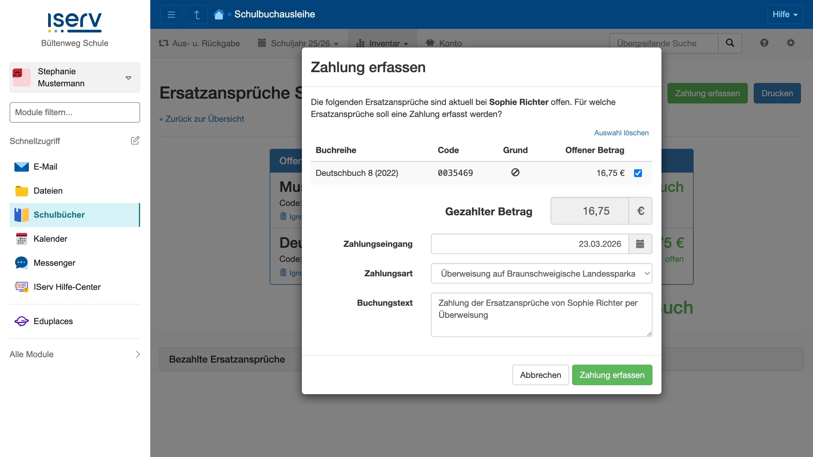 Dialog Zahlung erfassen mit Auswahl der Ersatzansprüche, Betrag, Zahlungseingang und Zahlungsart
