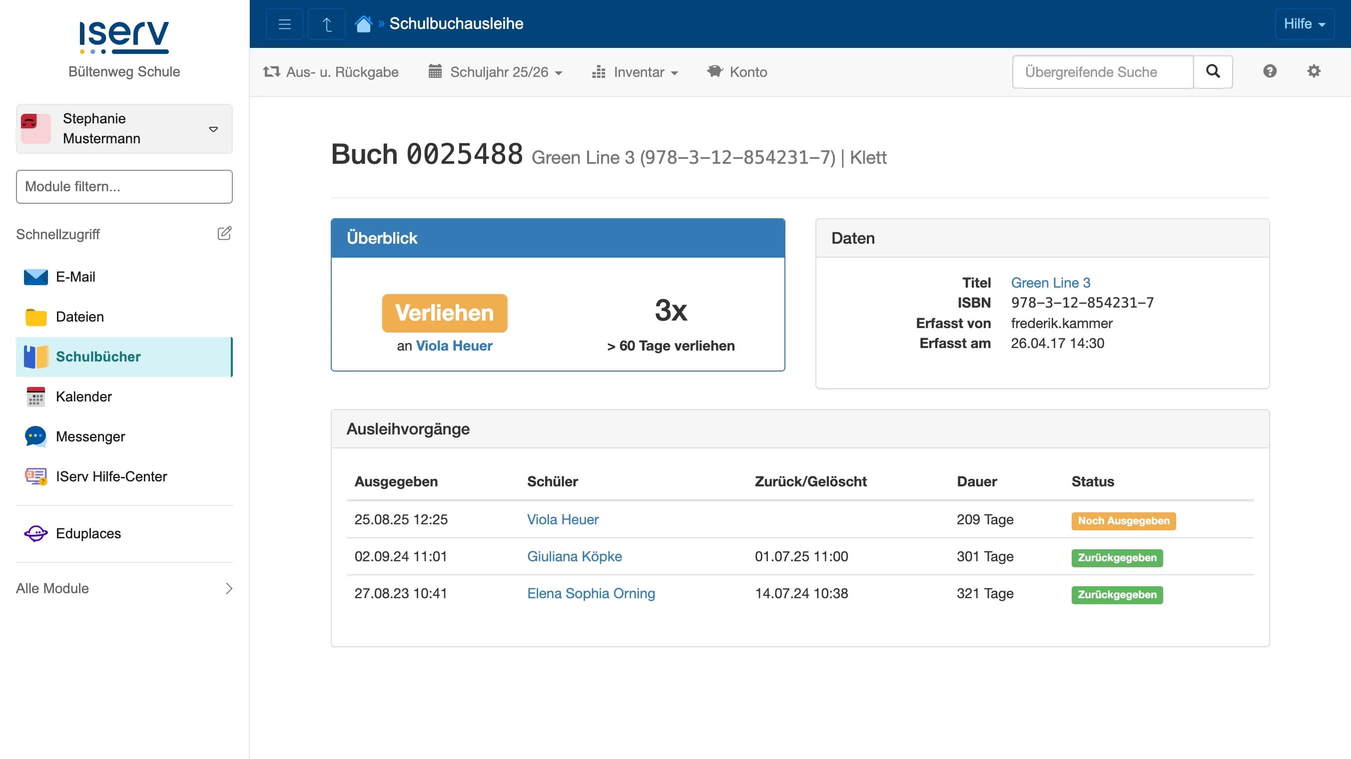 Detailseite eines Buchexemplars mit Ausleihstatus, Daten und Historie der Ausleihvorgänge