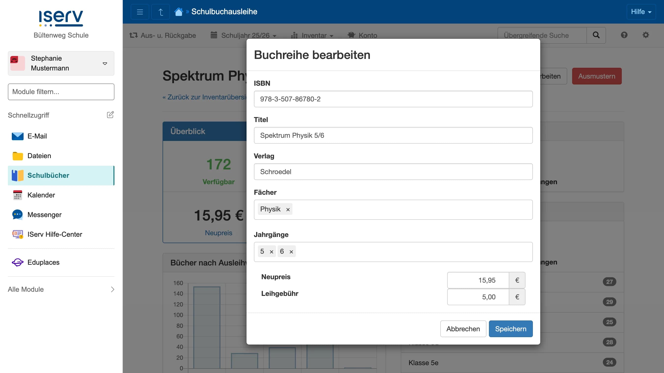 Modal zum Bearbeiten eines Buchtitels mit Feldern ISBN, Titel, Verlag, Fächer, Jahrgänge, Neupreis und Leihgebühr