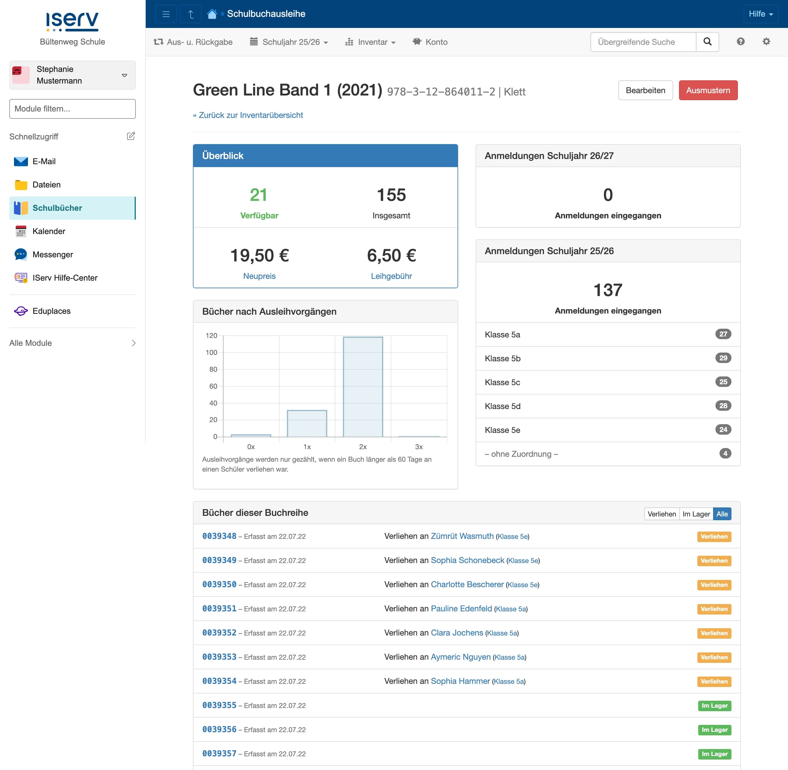 Detailansicht eines Buchtitels mit Bestandsübersicht, Balkendiagramm, Anmeldungen und Exemplarliste