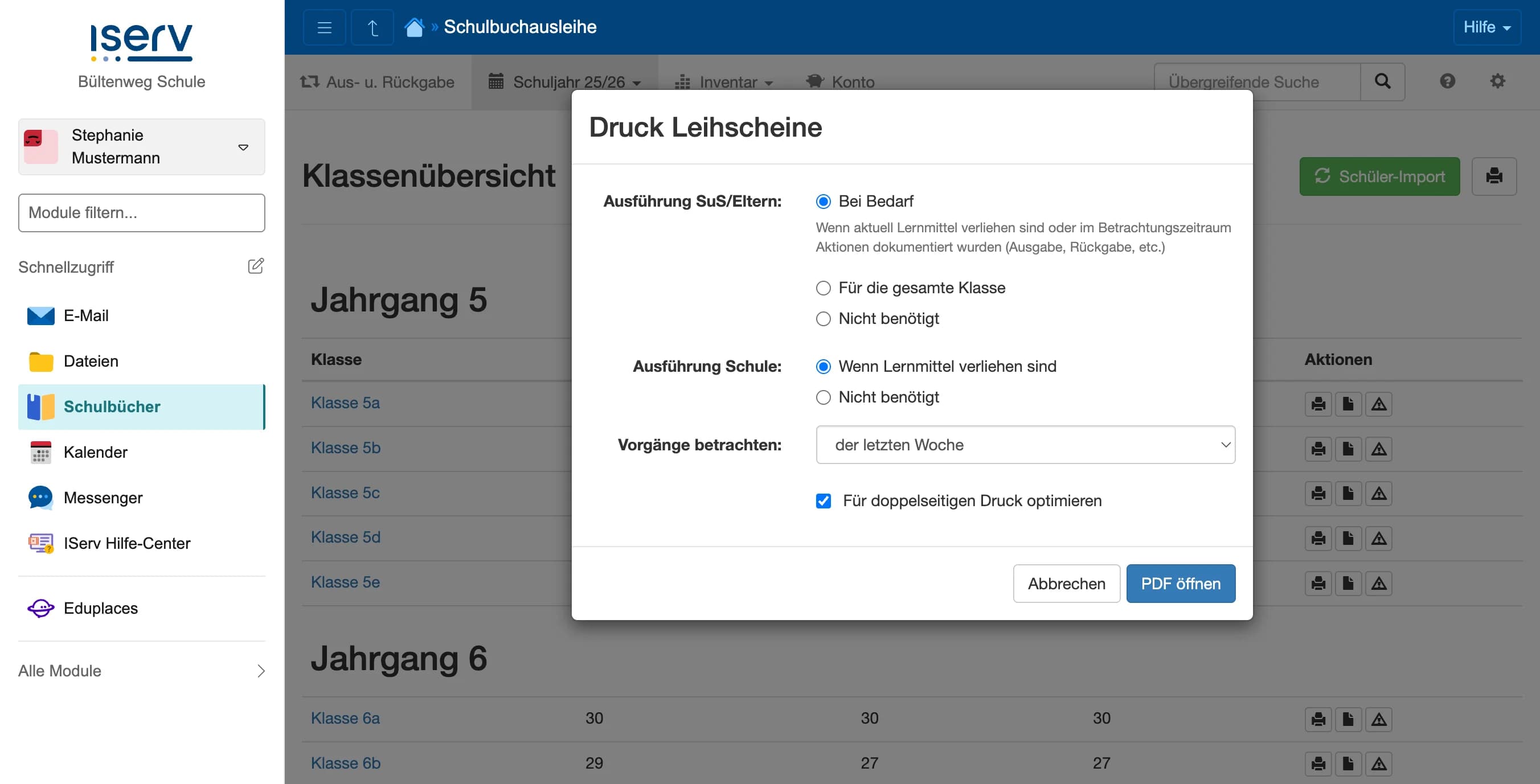 Druckdialog Leihscheine mit Optionen für Ausführung, Betrachtungszeitraum und doppelseitigen Druck
