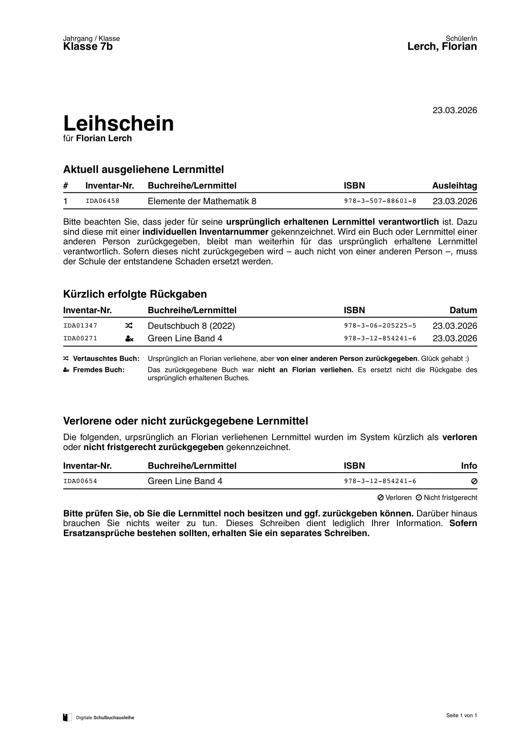 Beispiel eines Leihscheins in der Schüler- und Elternausführung mit Rückgaben und Sonderfällen