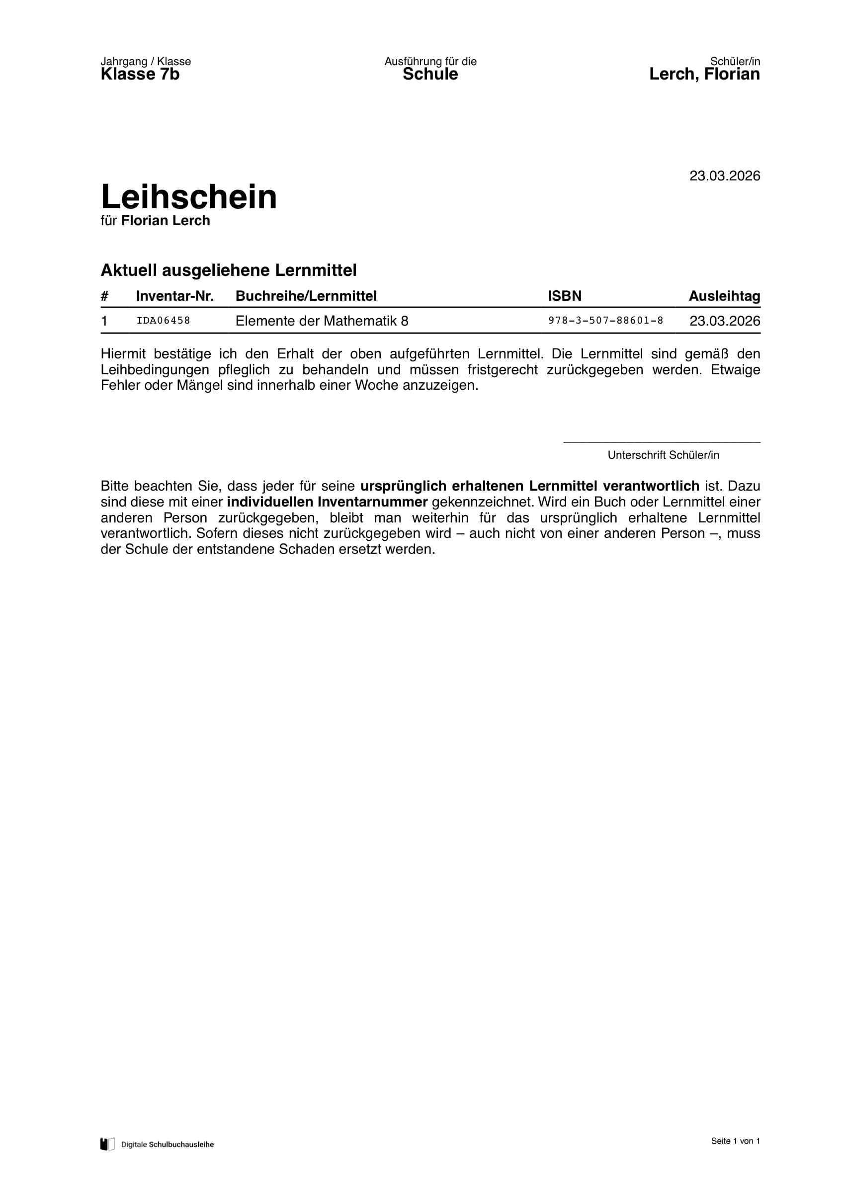 Beispiel eines Leihscheins in der Schulausführung mit Bücherliste und Unterschriftsfeld