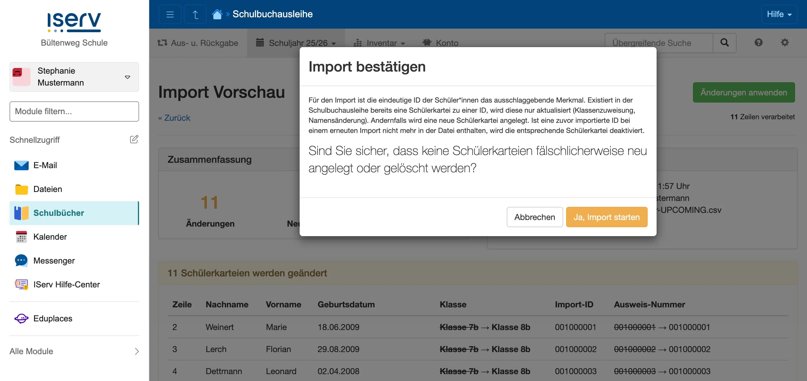 Bestätigungsdialog vor dem Anwenden der Import-Änderungen