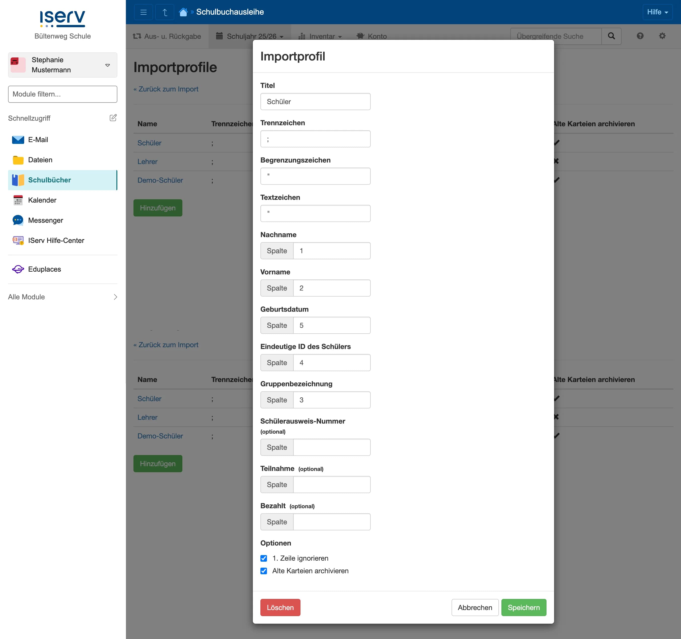 Konfiguration eines Import-Profils mit Feldzuordnung, optionalen Feldern und Optionen