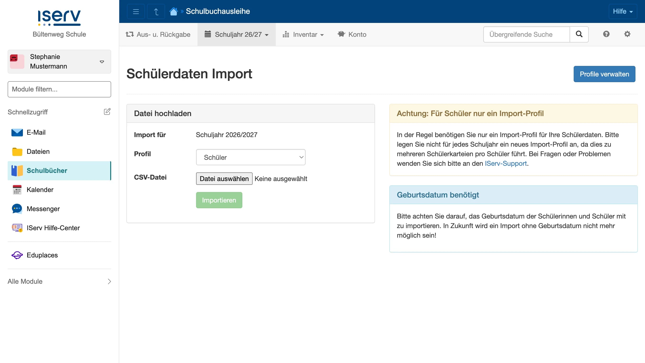 Schülerdaten Import: Profil-Auswahl, Datei-Upload und Hinweise zu Import-Profilen