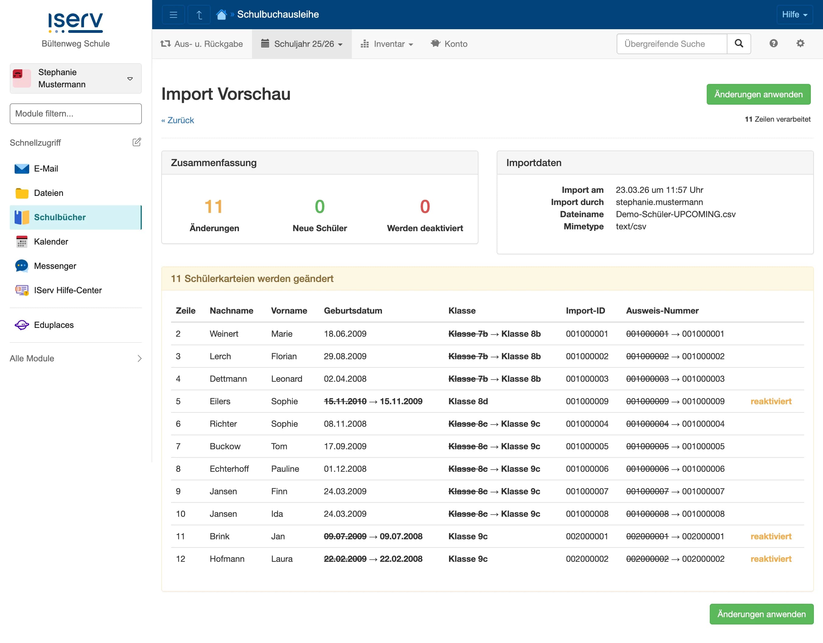 Import-Vorschau mit Zusammenfassung, Importdaten und Änderungstabelle
