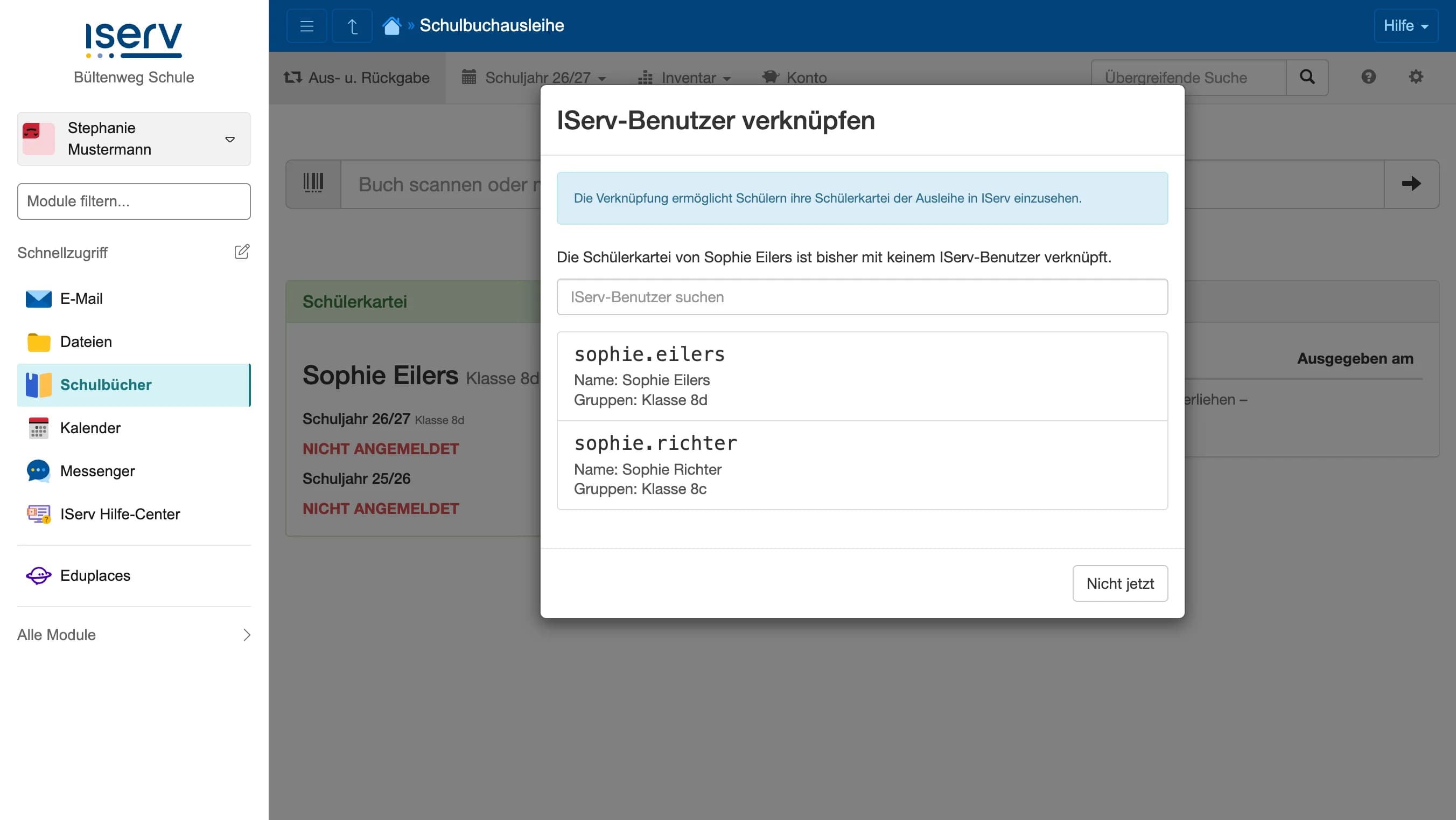 Dialog zur manuellen Verknüpfung einer Schülerkartei mit einem IServ-Benutzer