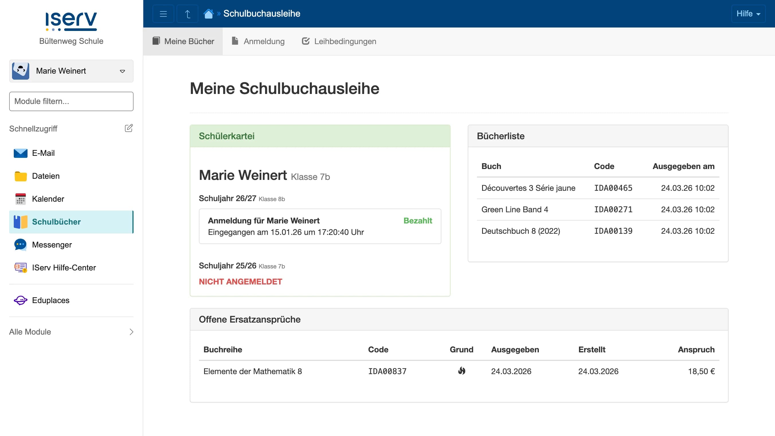 Schüler-Ansicht: Eigene Schülerkartei mit Anmeldung, Bücherliste und offenen Ersatzansprüchen