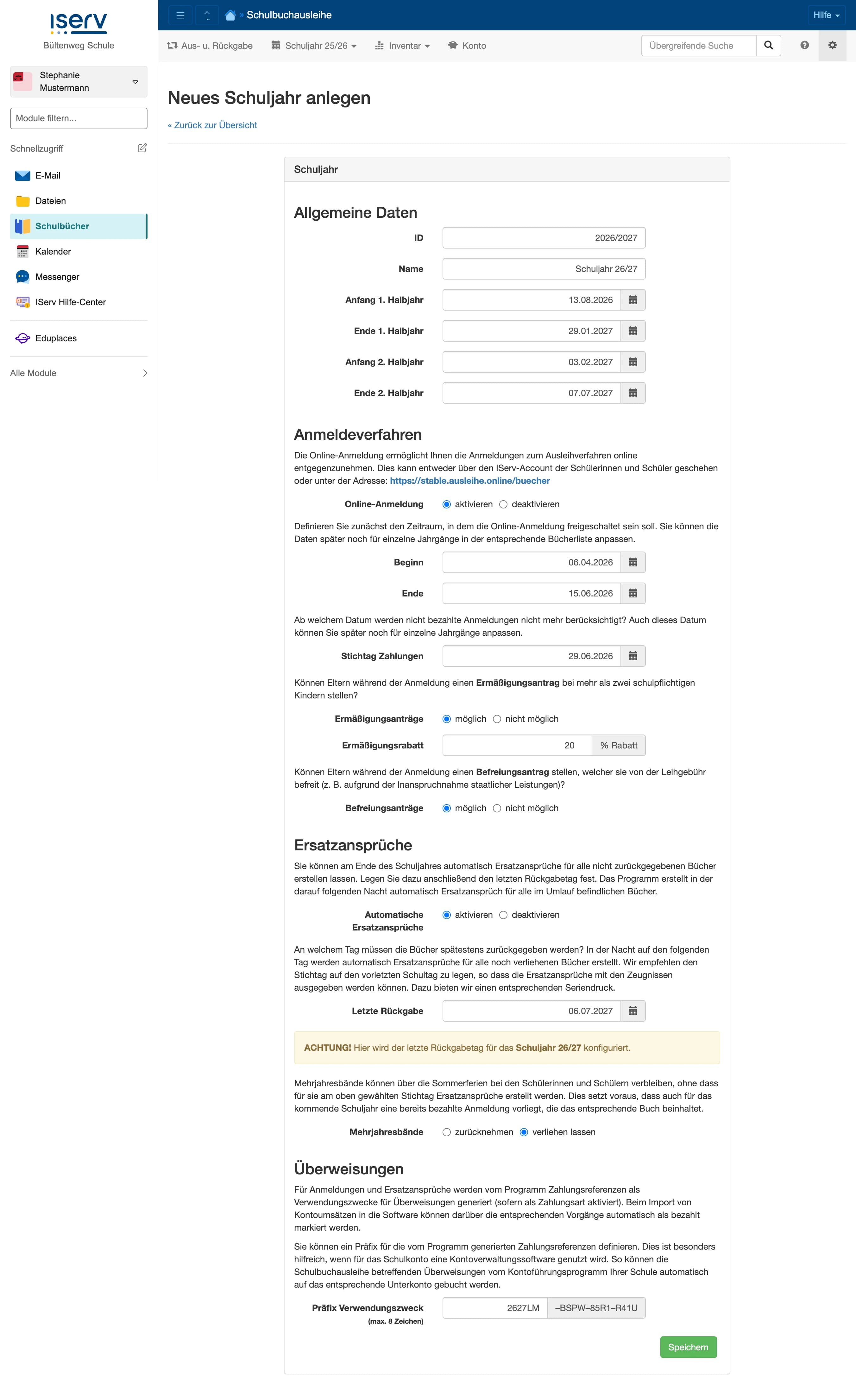 Formular: Neues Schuljahr anlegen (VOLLversion)