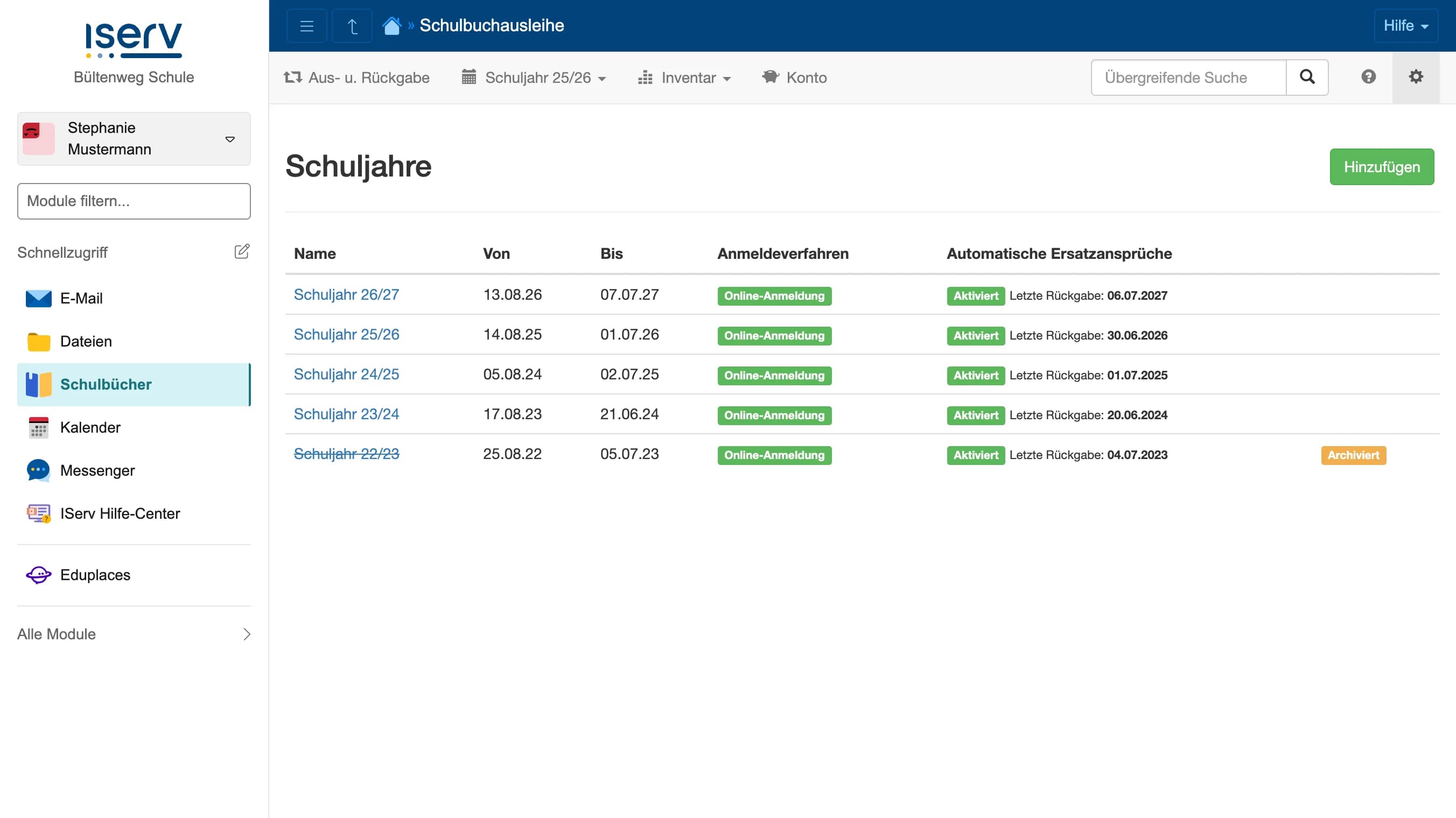 Übersicht aller Schuljahre mit einem archivierten Schuljahr